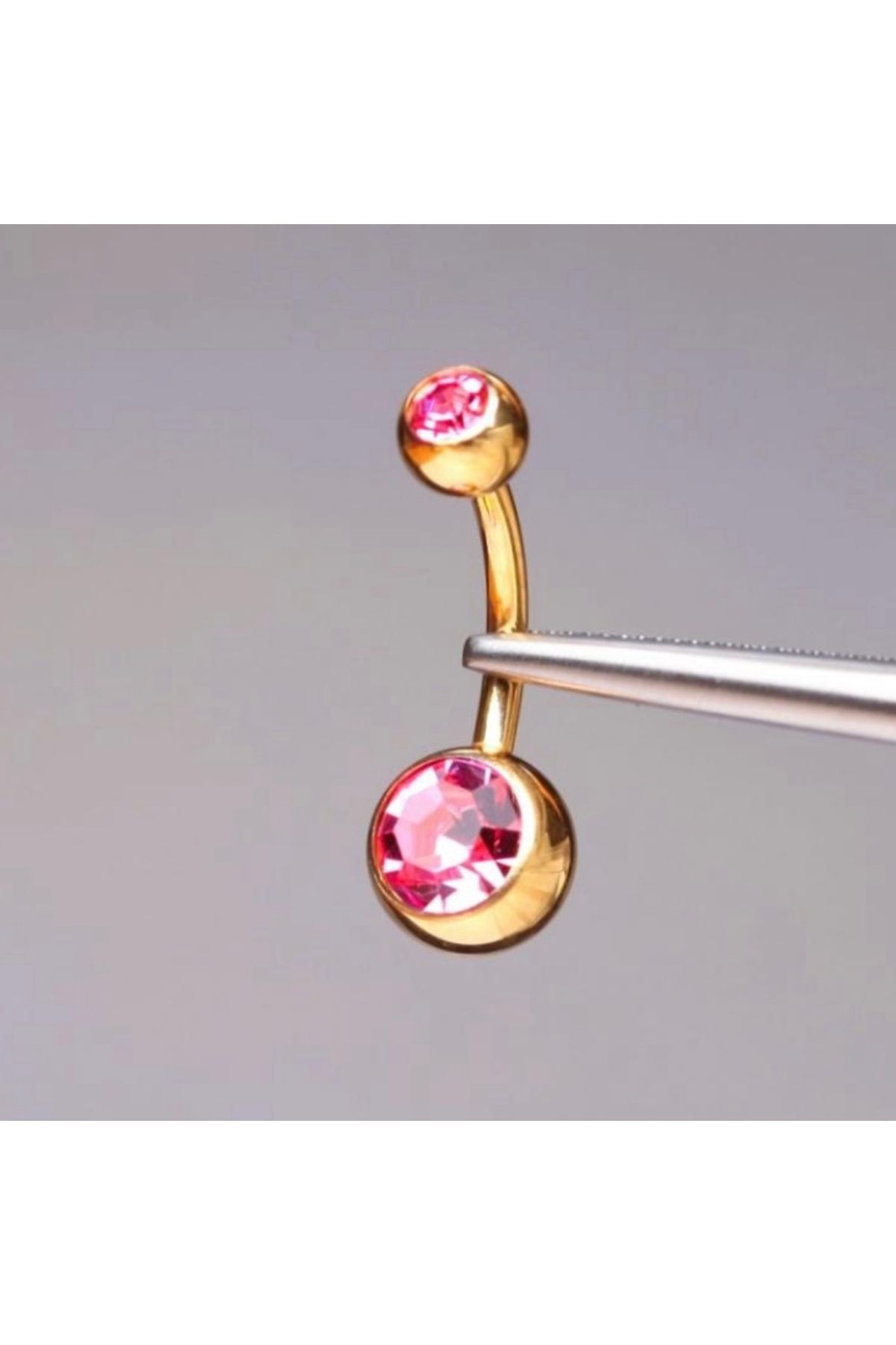 Bylin Çift Pembe Taşlı %100 G23 Titanyum Göbek Piercing - Bar Uzunluğu 10 Mm - 1 Adet
