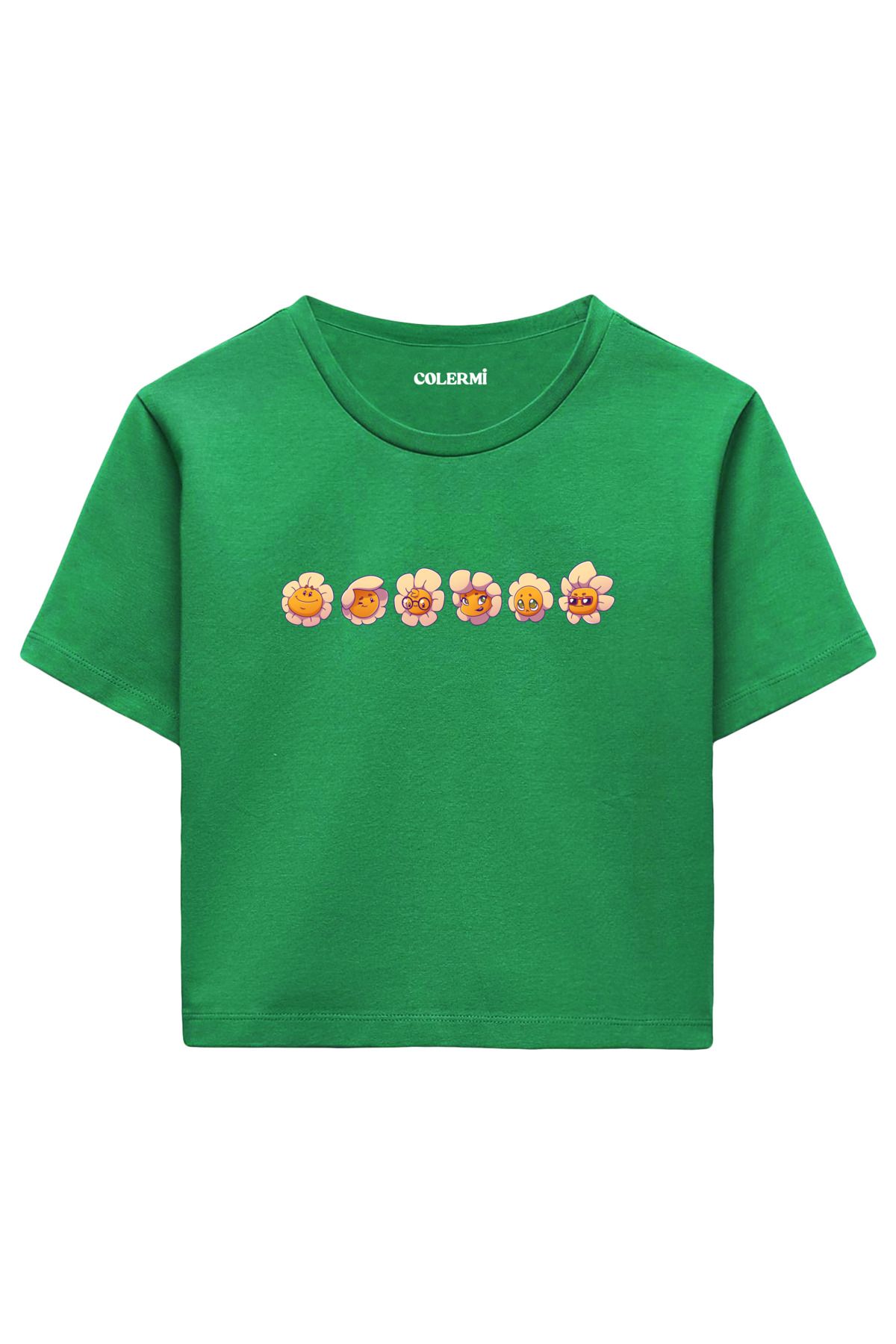 Colermi Emoji Çiçek Karakter Baskılı %100 Pamuk Kadın Crop Tshirt