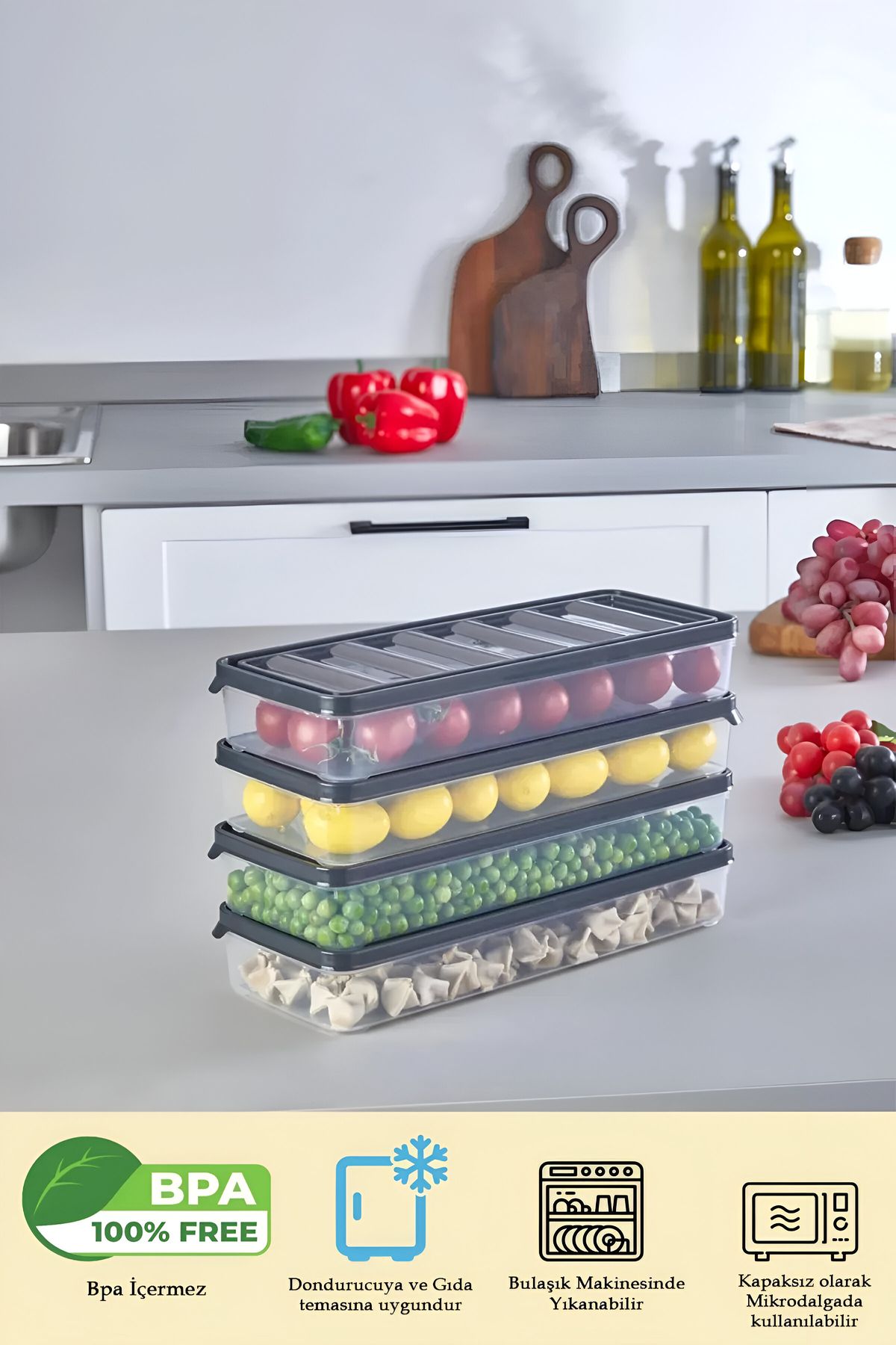A A Company 4'lü Antrasit Saklama Kabı Seti, Mikrodalga Ve Derin Dondurucuya Uygun, Buzluk Organizeri, 4x1000 ML