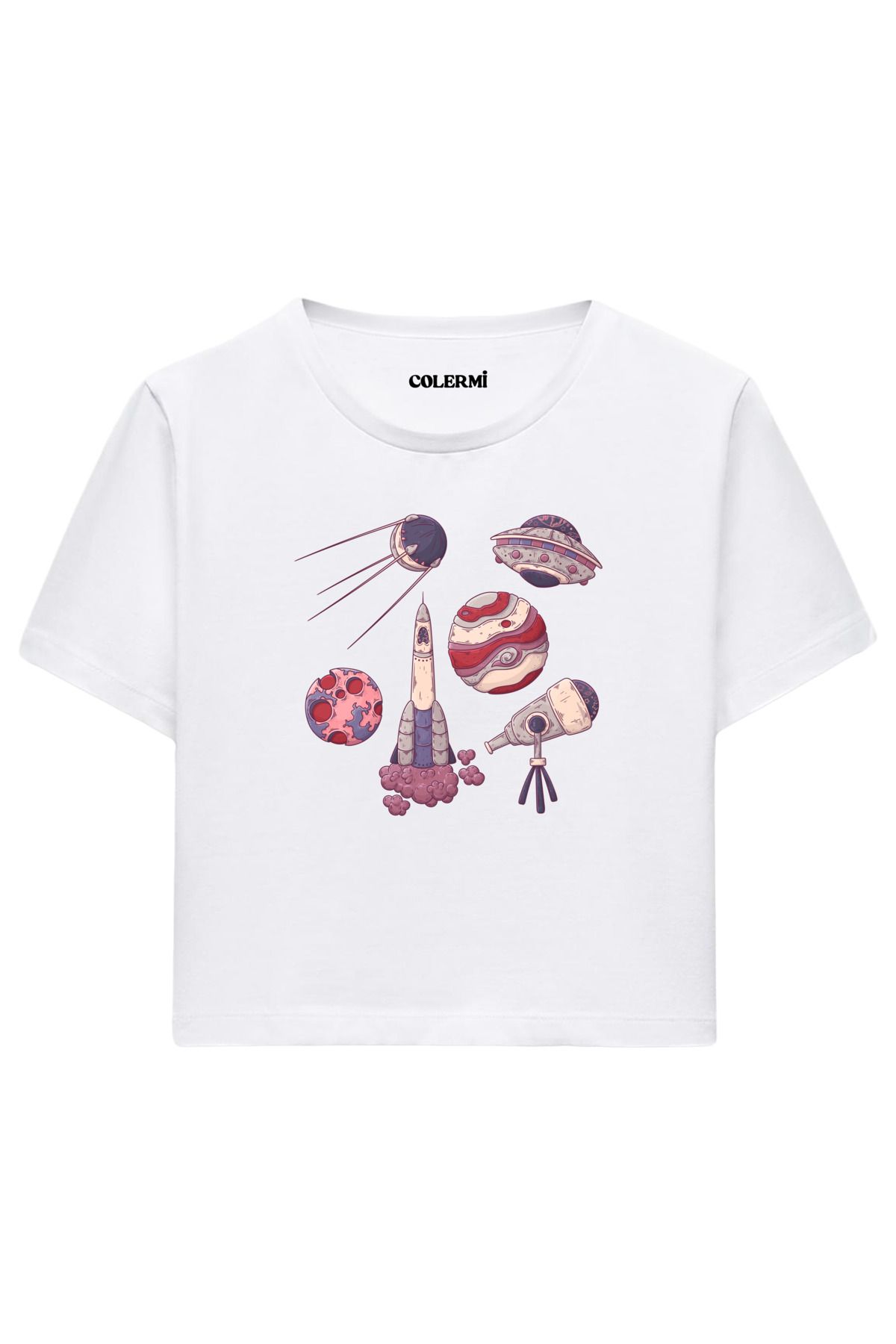 Colermi Retro Uzay Figürleri Baskılı %100 Pamuk Kadın Crop Tshirt