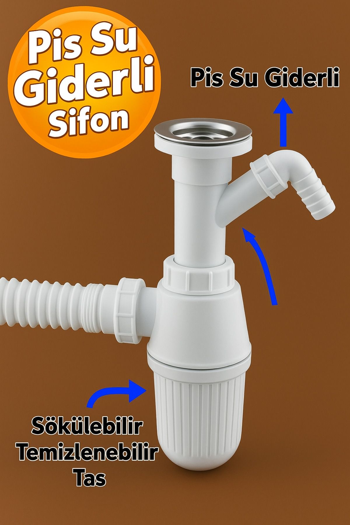 Badem10 Çift Giderli Lavabo Sifon Pis Su Gideri Taslı Sökülebilir Körüklü Temizlenebilir Banyo Mutfak Boru