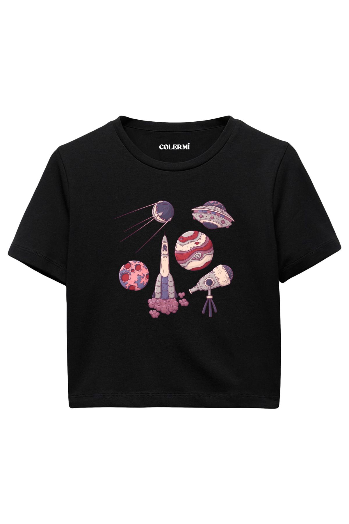 Colermi Retro Uzay Figürleri Baskılı %100 Pamuk Kadın Crop Tshirt