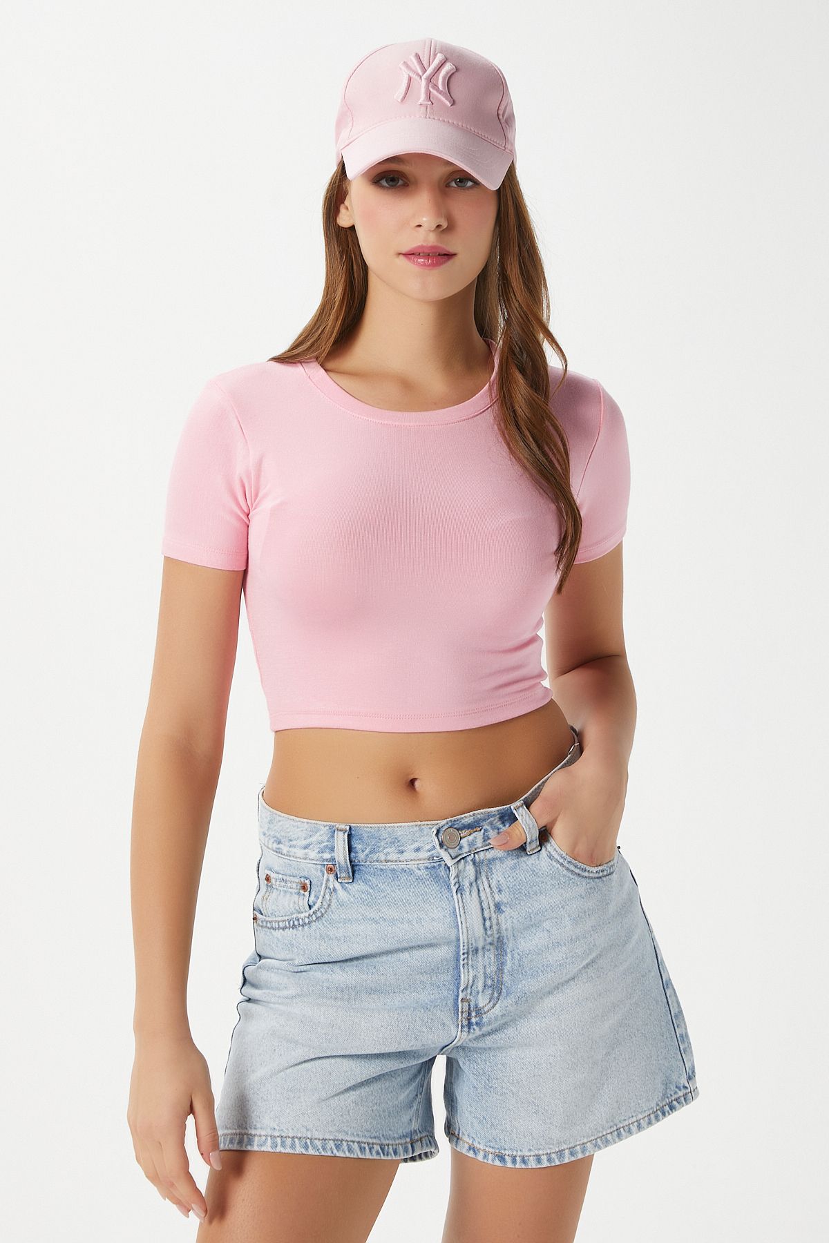 Ritnice Kadın Deal Lux Touch Yumuşak Doku Crop Pembe Bluz