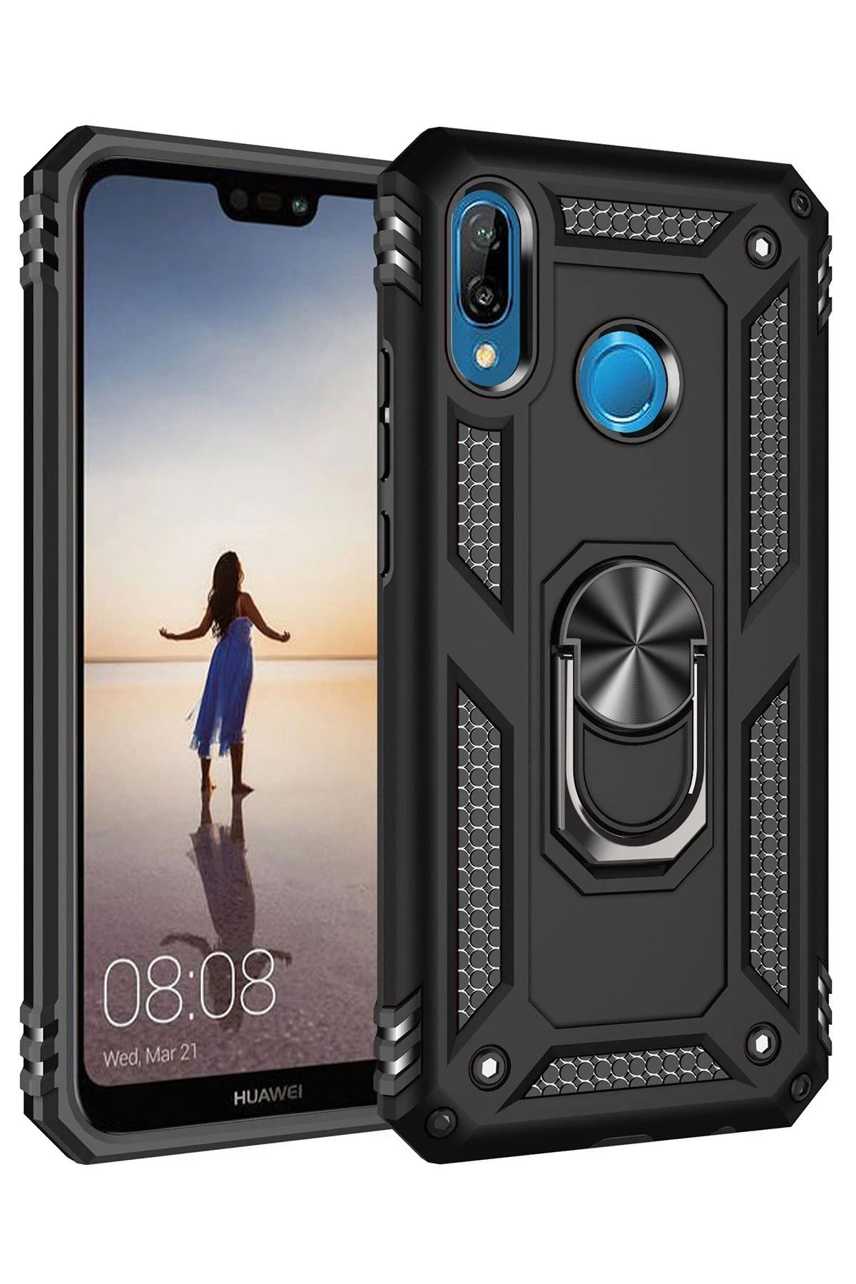 NewFace Huawei P20 Lite Kılıf Sofya Yüzüklü Silikon Kapak - Siyah GLSTD