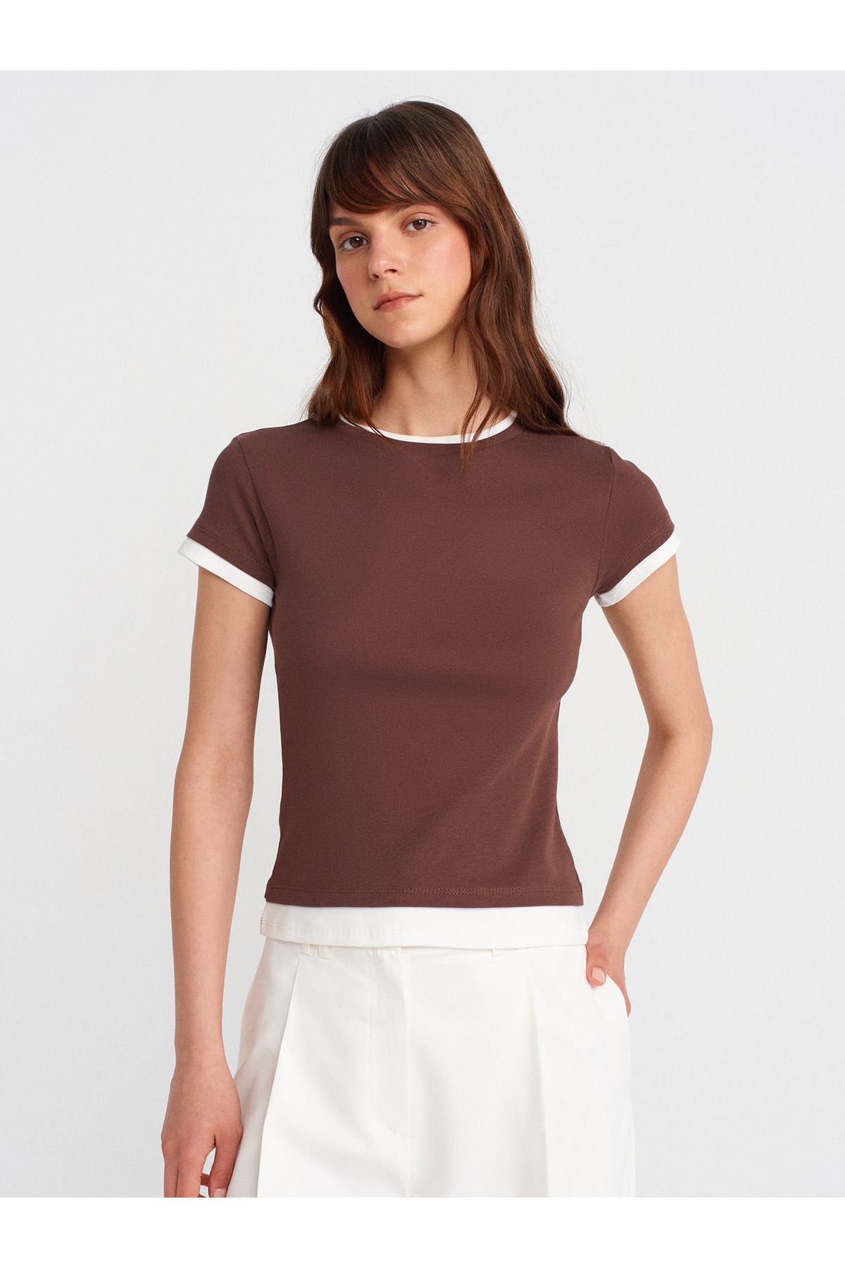 Dilvin 31859 Çift Görünümlü T-shirt-Açık Kahve