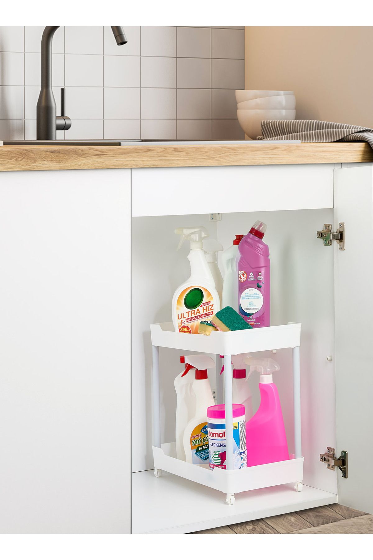 Bayev-Clasa albă cu 2 niveluri sub chiuvetă Organizator pentru baie cu detergent cu roți 2
