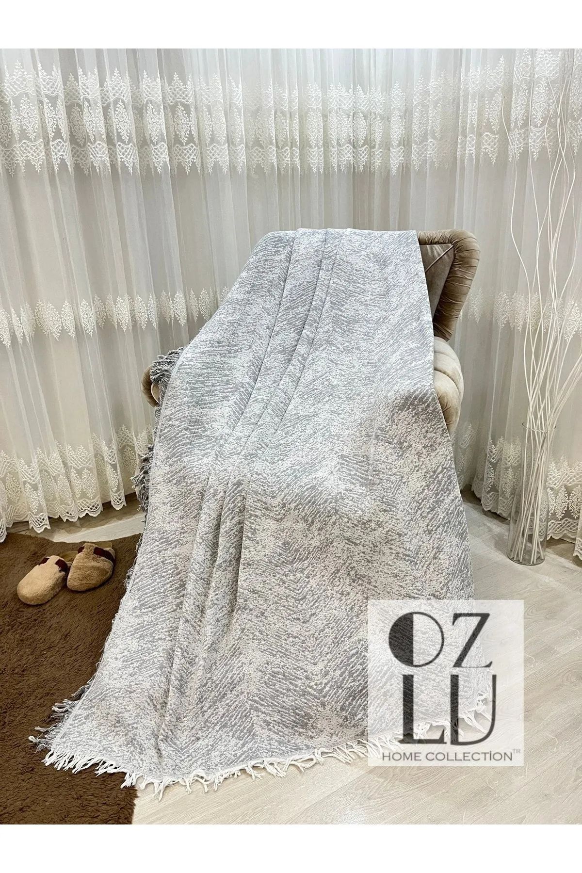 Özlü Home Kolkapatan Pamuklu Koltuk - Çekyat Örtüsü 170x320 Alaca Gri Kaydırmaz Koltuk Şalı