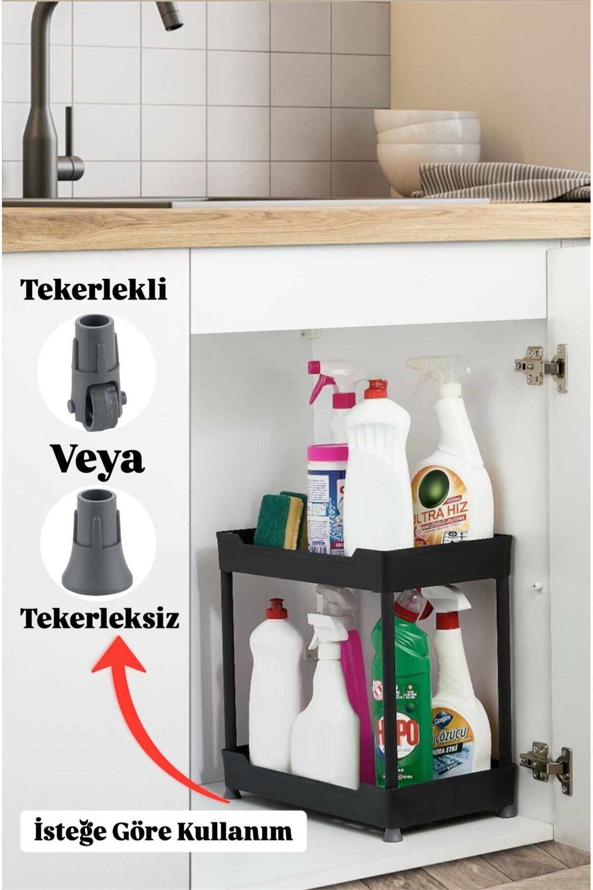 Bayev Class Siyah 2 Katlı Lavabo Altı Düzenleyici Tekerlekli Deterjan Banyo Düzenleyici Raf Ünitesi
