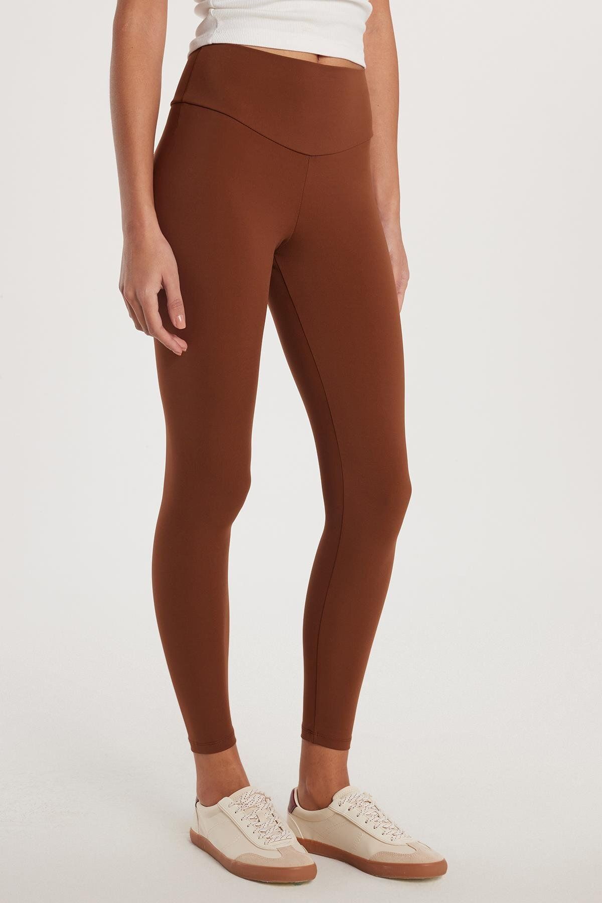Tudors Kadın Süper Slim Beli Lastikli İnterlok Standart Boy Normal Bel Kahverengi Tayt