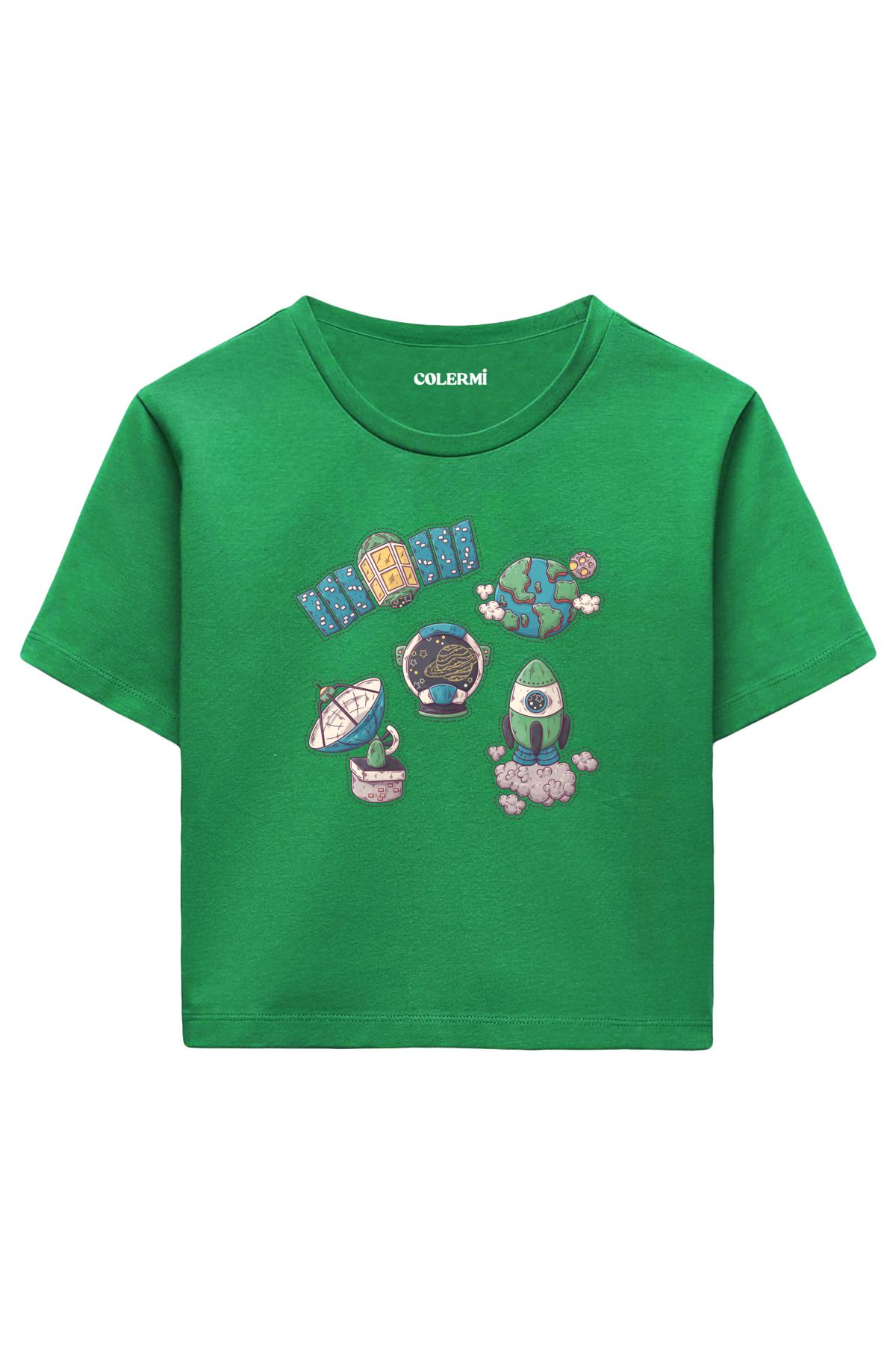 Colermi Uzay Keşif Temalı %100 Pamuk Kadın Crop Tshirt