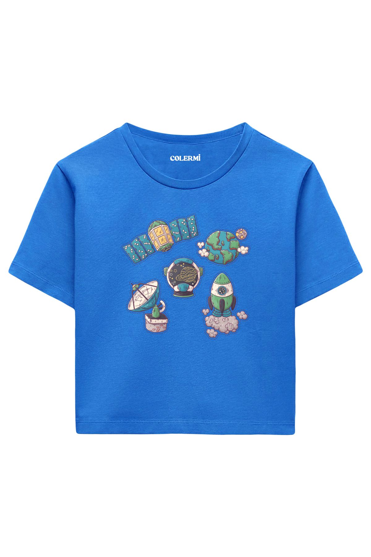Colermi Uzay Keşif Temalı %100 Pamuk Kadın Crop Tshirt