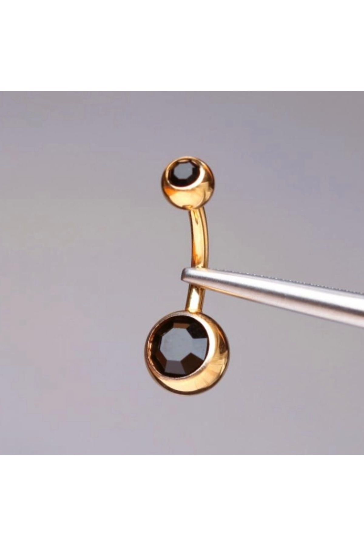 Bylin Çift Siyah Taşlı %100 G23 Titanyum Göbek Piercing - Bar Uzunluğu 10 Mm - 1 Adet