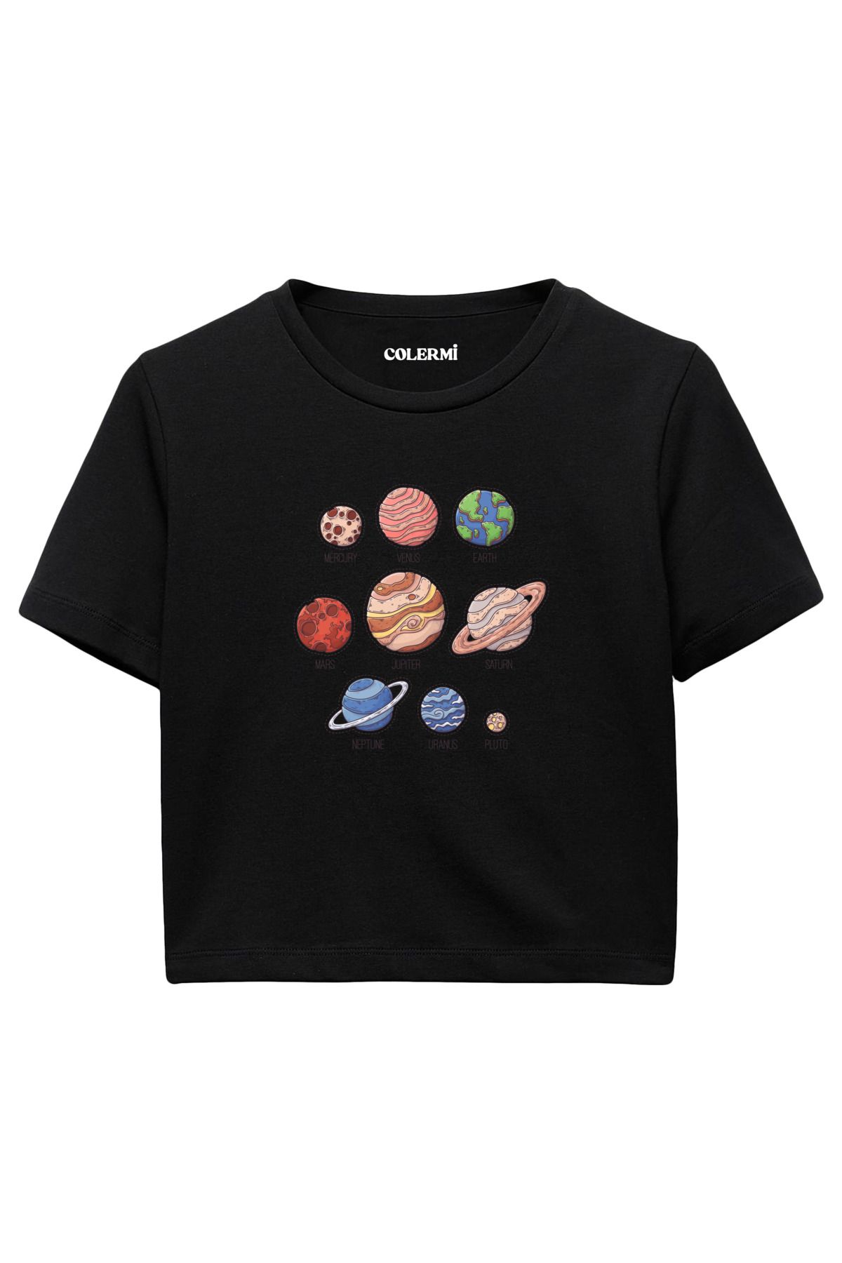 Colermi Güneş Sistemi Gezegenleri Baskılı %100 Pamuk Kadın Crop Tshirt