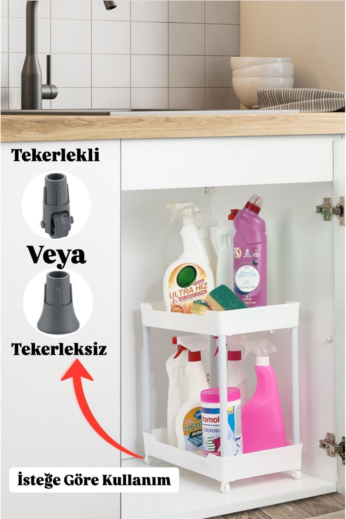 Bayev Class Beyaz 2 Katlı Lavabo Altı Düzenleyici Tekerlekli Deterjan Banyo Düzenleyici Raf Ünitesi