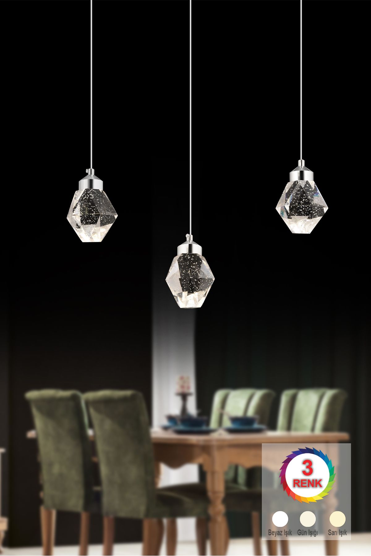 İstanbul Avize İstanbul Avize Kabarcıklı Yemek Masası Liya 3'lü Gümüş Kumandalı 3 Renk Ledli Modern Led Avize