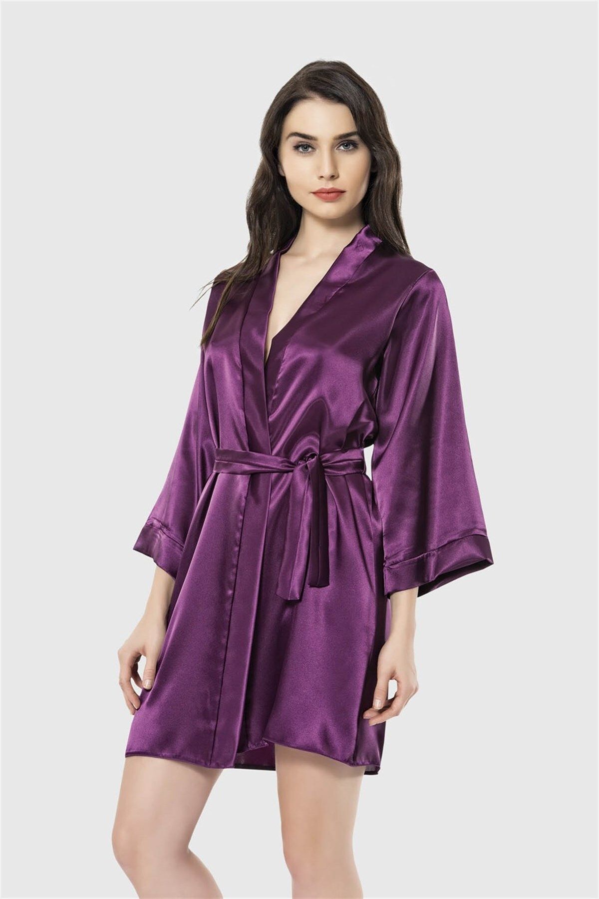 Shop58 Hediye Cantam Mor Kısa Saten Sabahlık