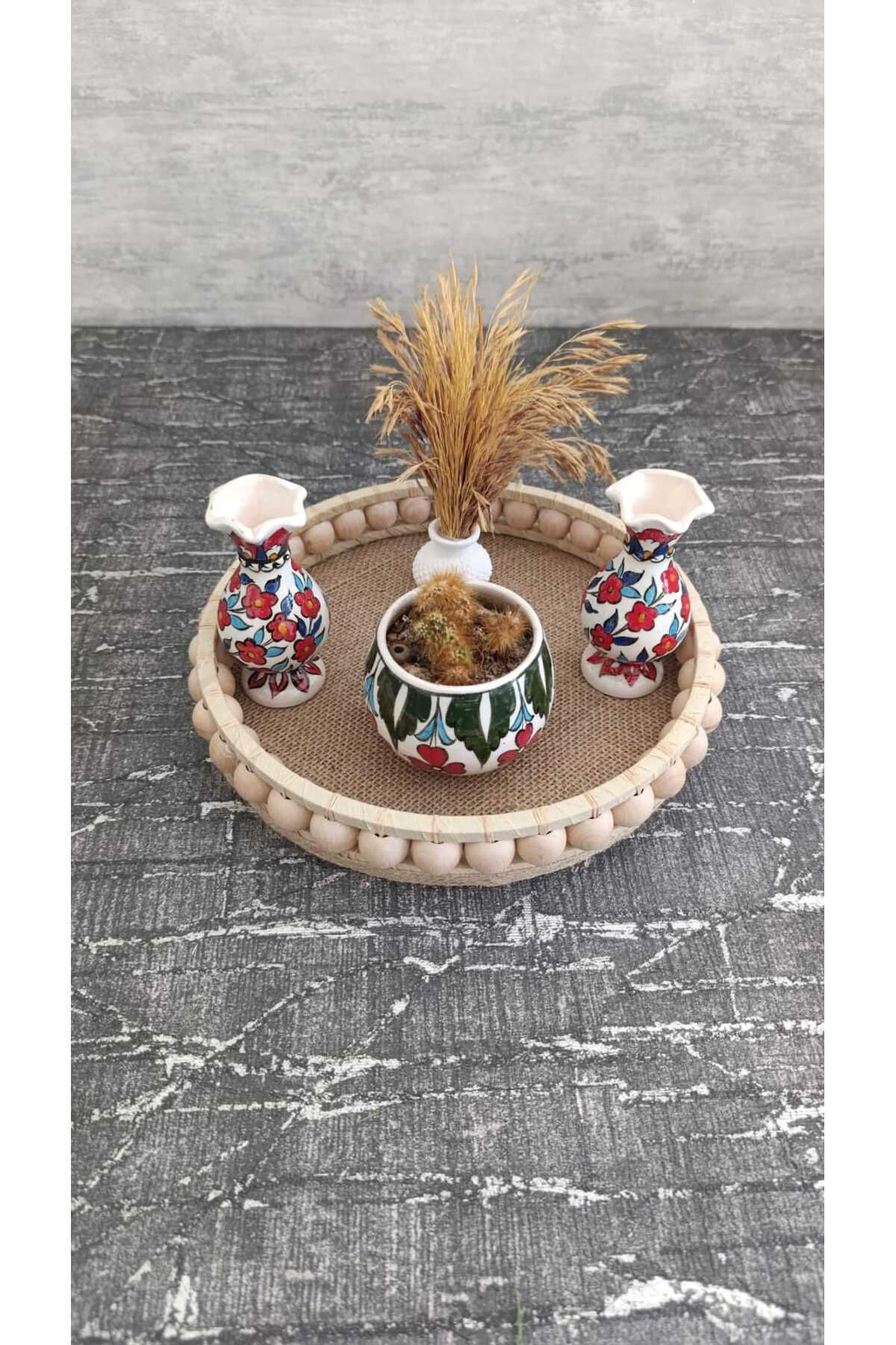 Sorgun Kadın Kooperatifi Boncuklu Yuvarlak Dekoratif Ahşap Tepsi 24 cm