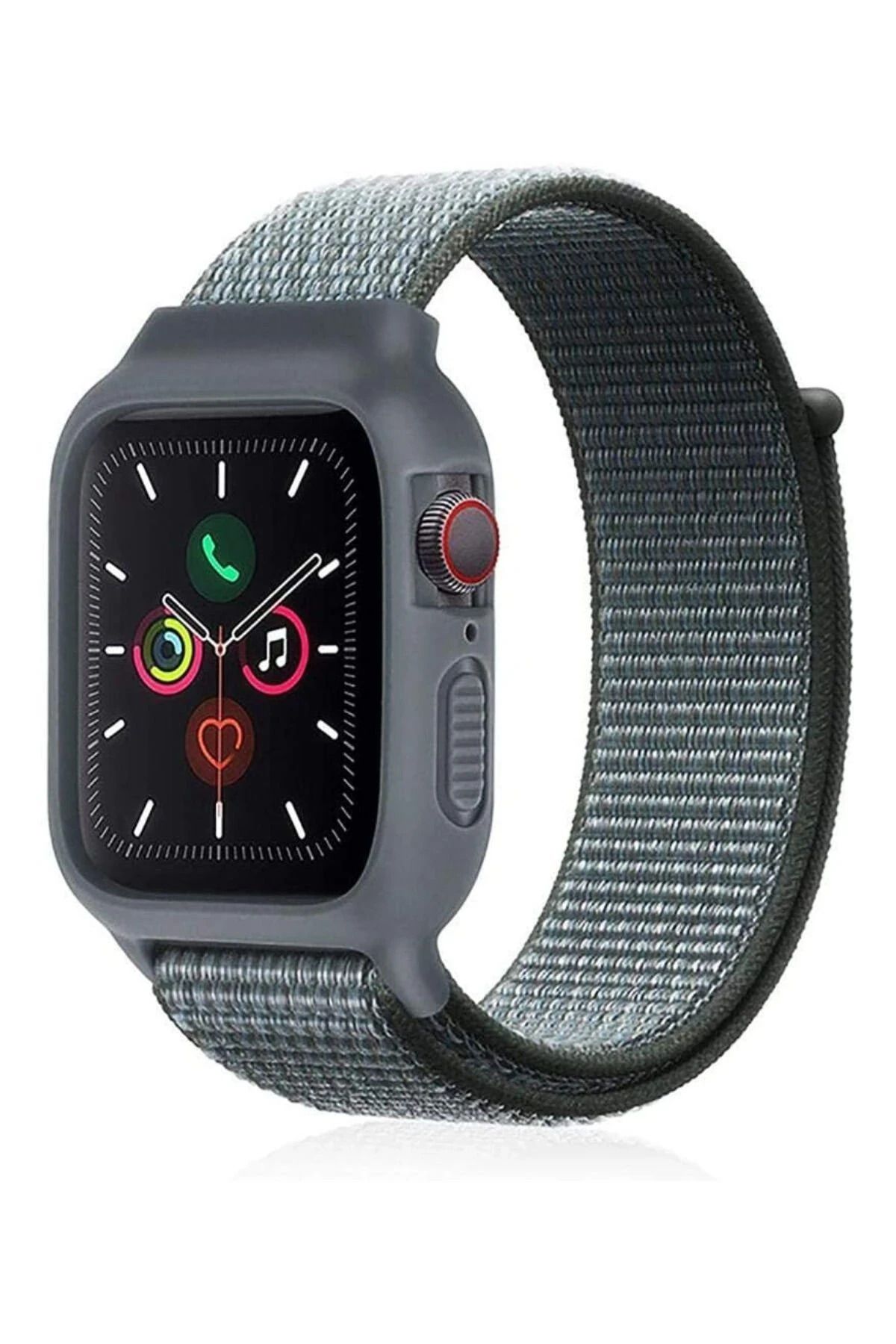 NewFace Apple Watch 38mm Hasırlı Cırtcırtlı Kasalı Kordon - Gri-Turkuaz SVLRS