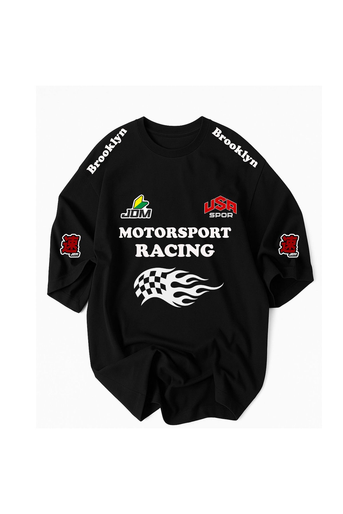 Racıng Brooklyn Jdm Usa Spor Baskılı %100 Pamuklu Oversize Tshirt tişört