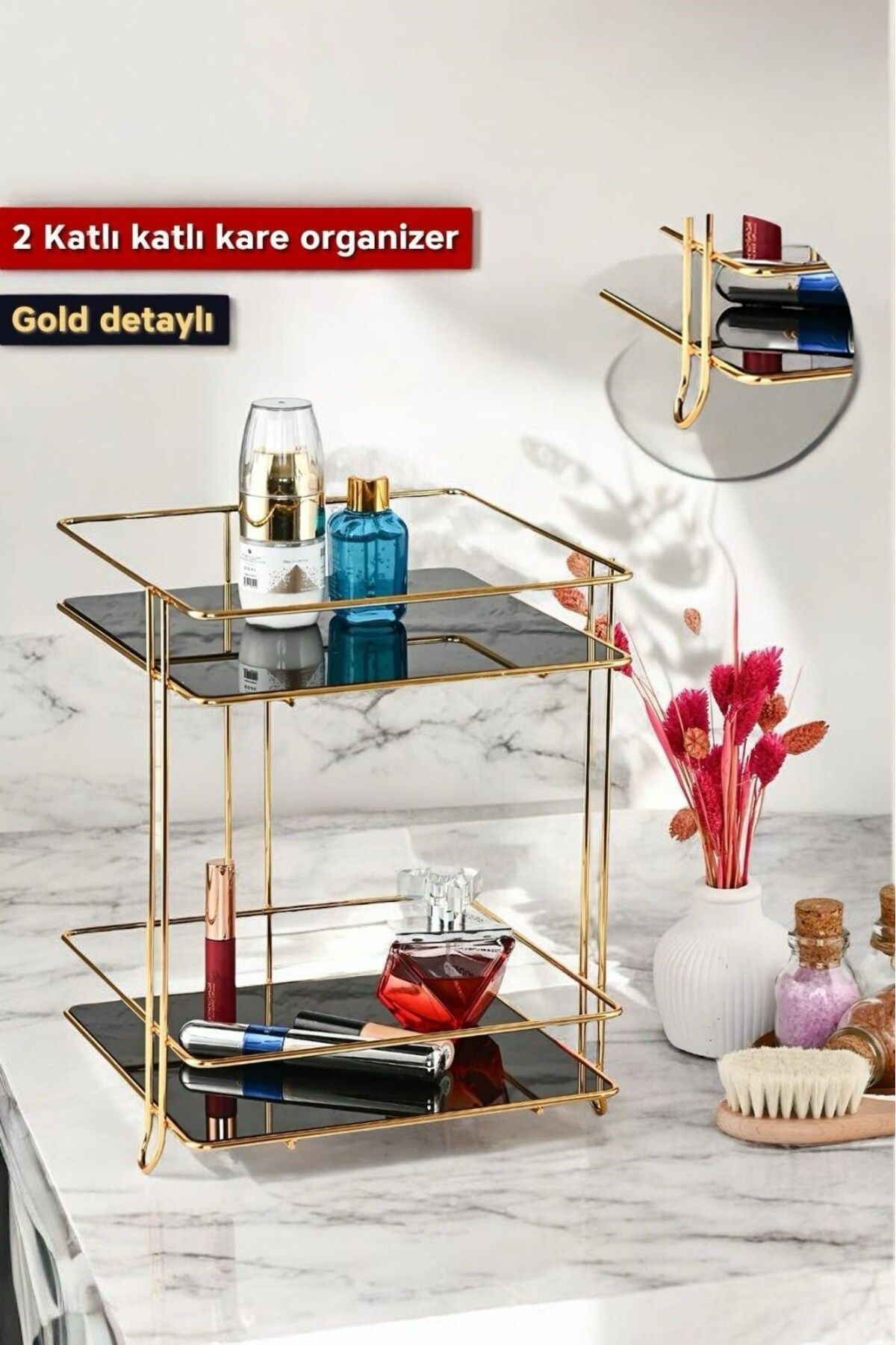 teknotrust İki Katlı Kare Banyo Kozmetik Takı Düzenleyici Çok Amaçlı Organizer