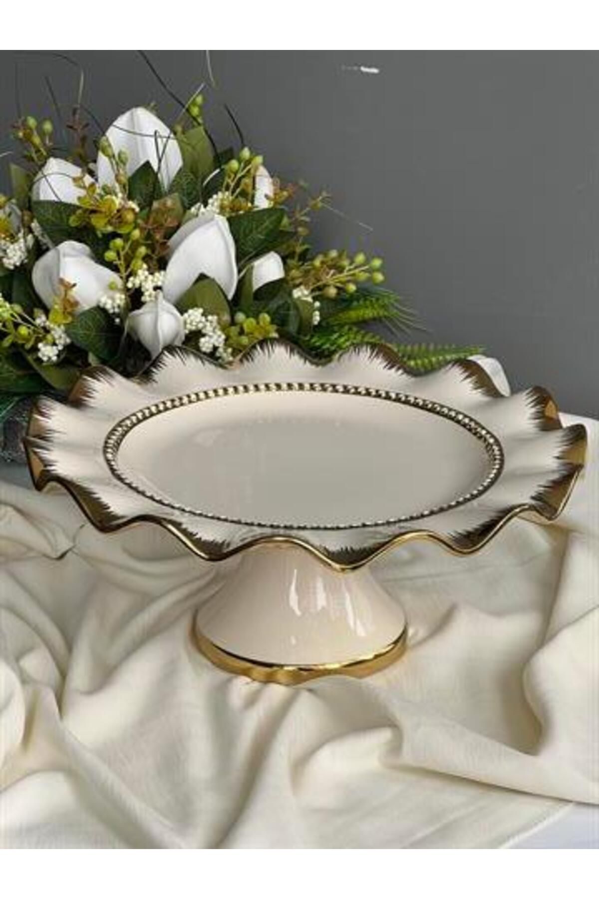 ROSSEV Servis Tabağı Ayaklı Yuvarlak Gold 33cm