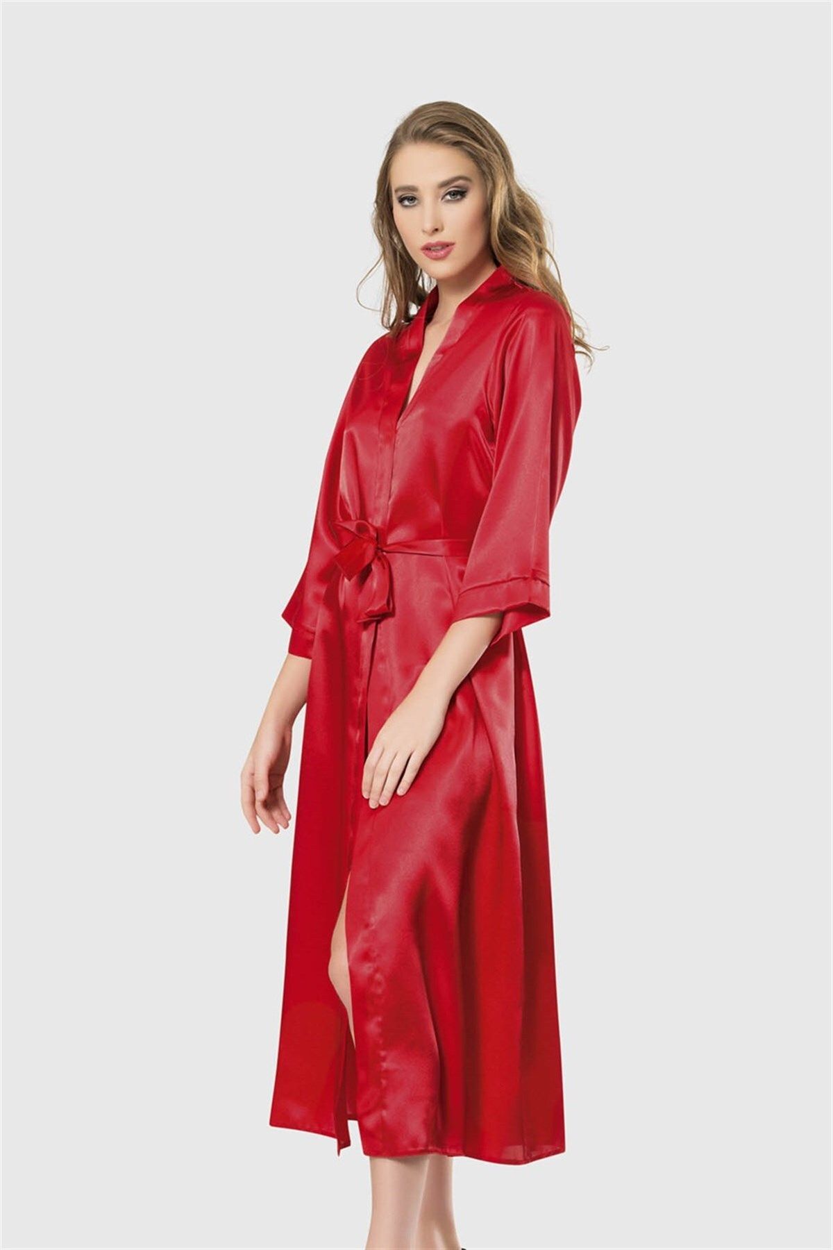 Shop58 Kırmızı Uzun Saten Sabahlık