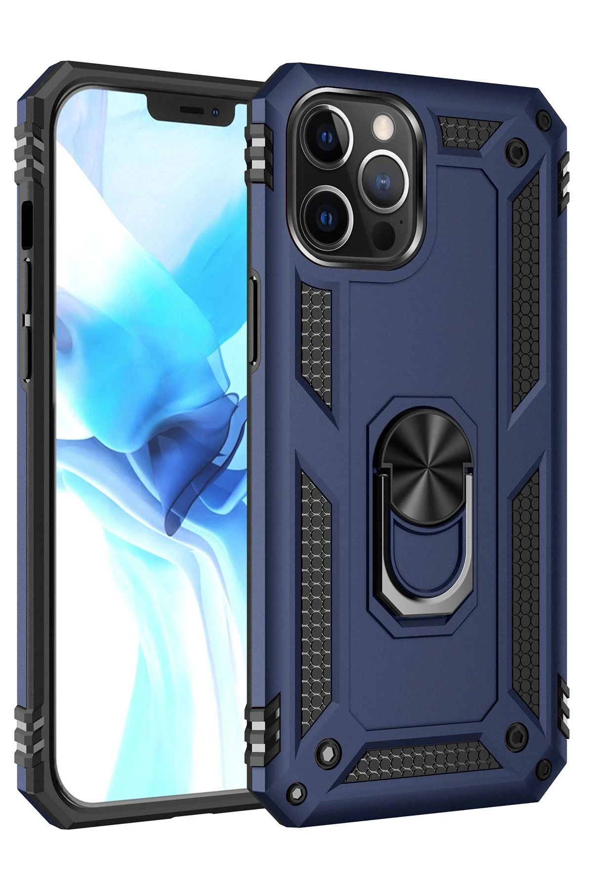 NewFace iPhone 12 Pro Max Kılıf Sofya Yüzüklü Silikon Kapak - Lacivert GLSTD