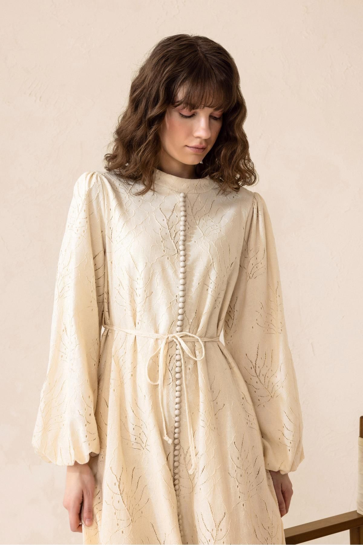 Olcay-Guipure Dress with Button and Brit Accessories Beige 9297-E 7