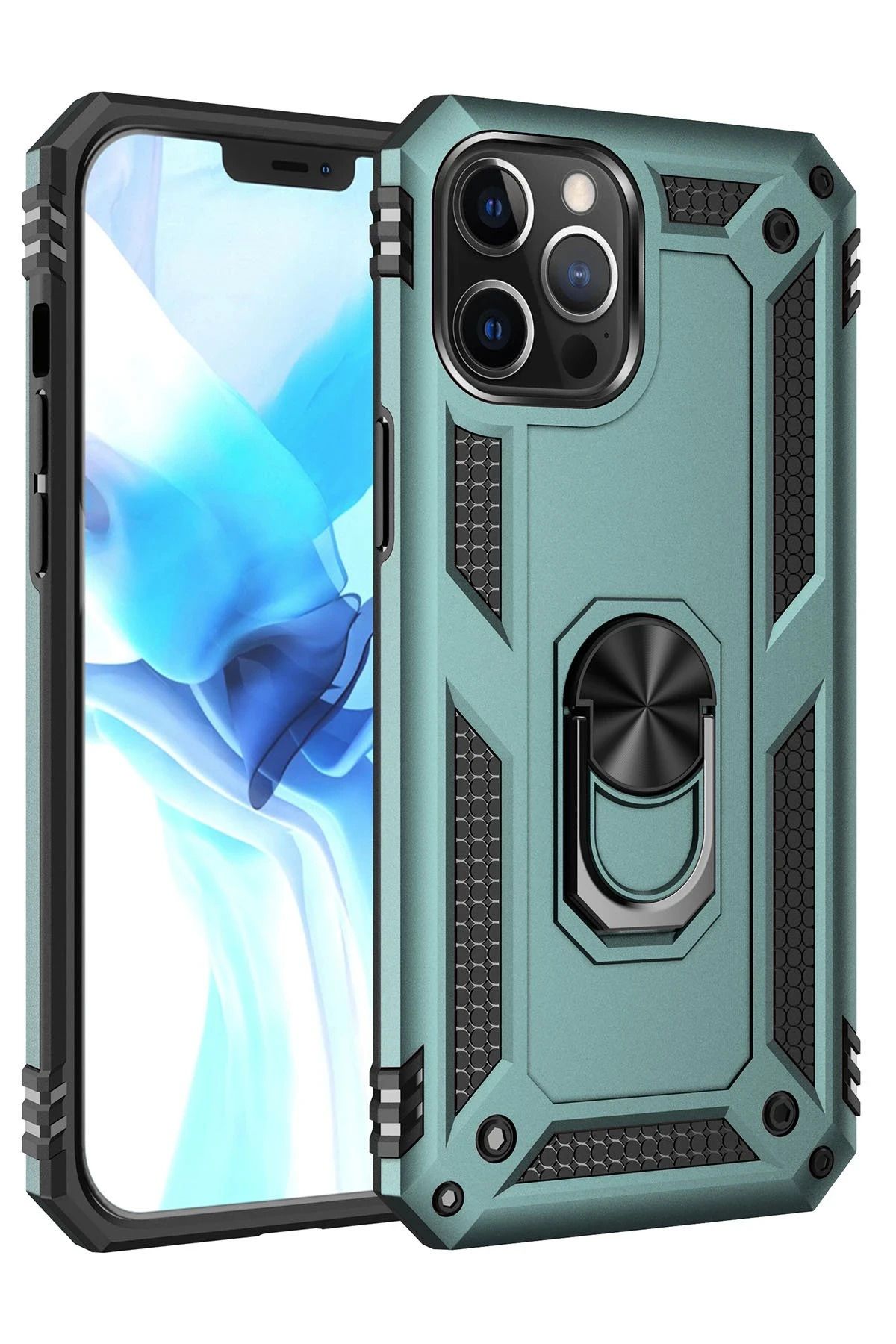 NewFace iPhone 12 Pro Max Kılıf Sofya Yüzüklü Silikon Kapak - Yeşil GLSTD