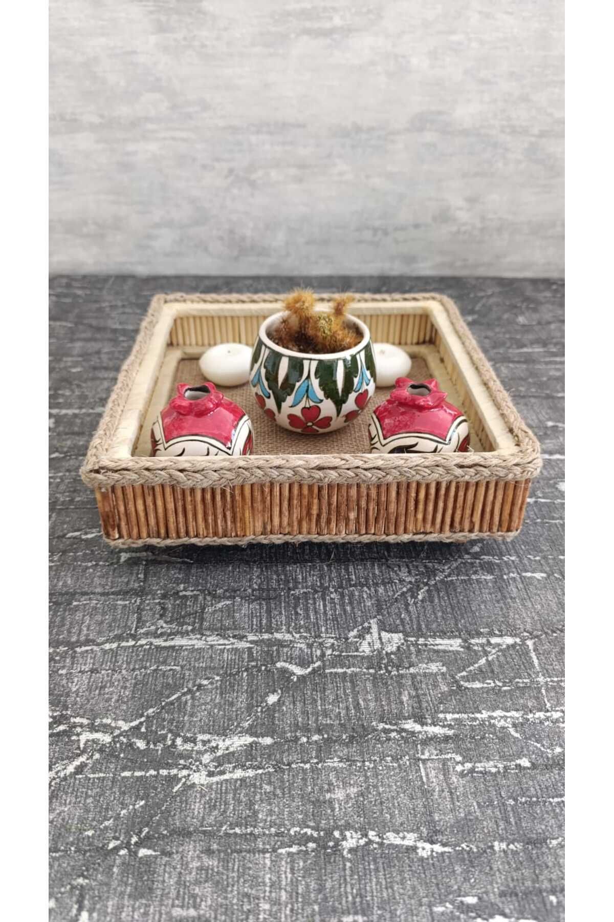 Sorgun Kadın Kooperatifi Bambu Çubuklu Ahşap Dekoratif Kare Tepsi 24 cm