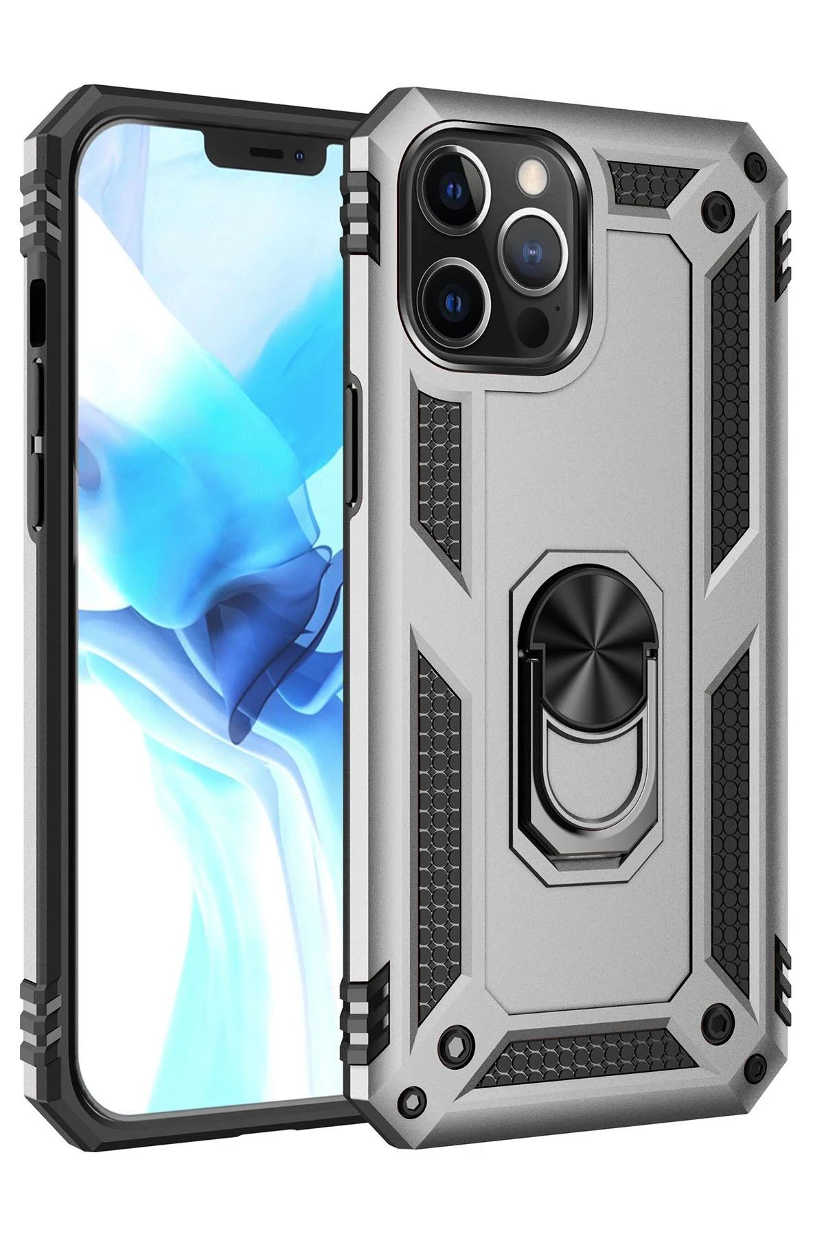 NewFace iPhone 12 Pro Max Kılıf Sofya Yüzüklü Silikon Kapak - Gümüş GLSTD