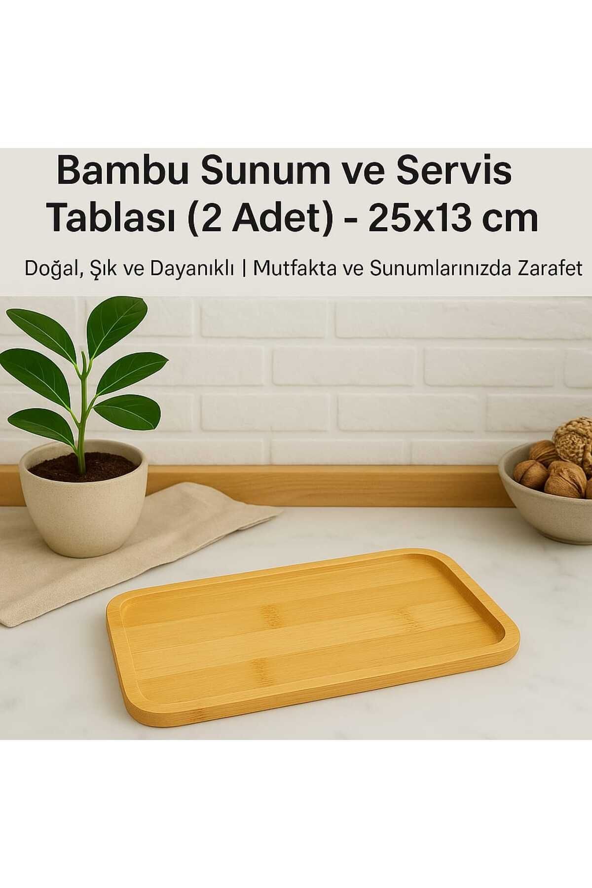 wellhome 2'li Bambu Sunum ve Servis Tabağı Seti | 25x13 cm Doğal Ahşap Tepsi | Şık Mutfak Sunum Tablası