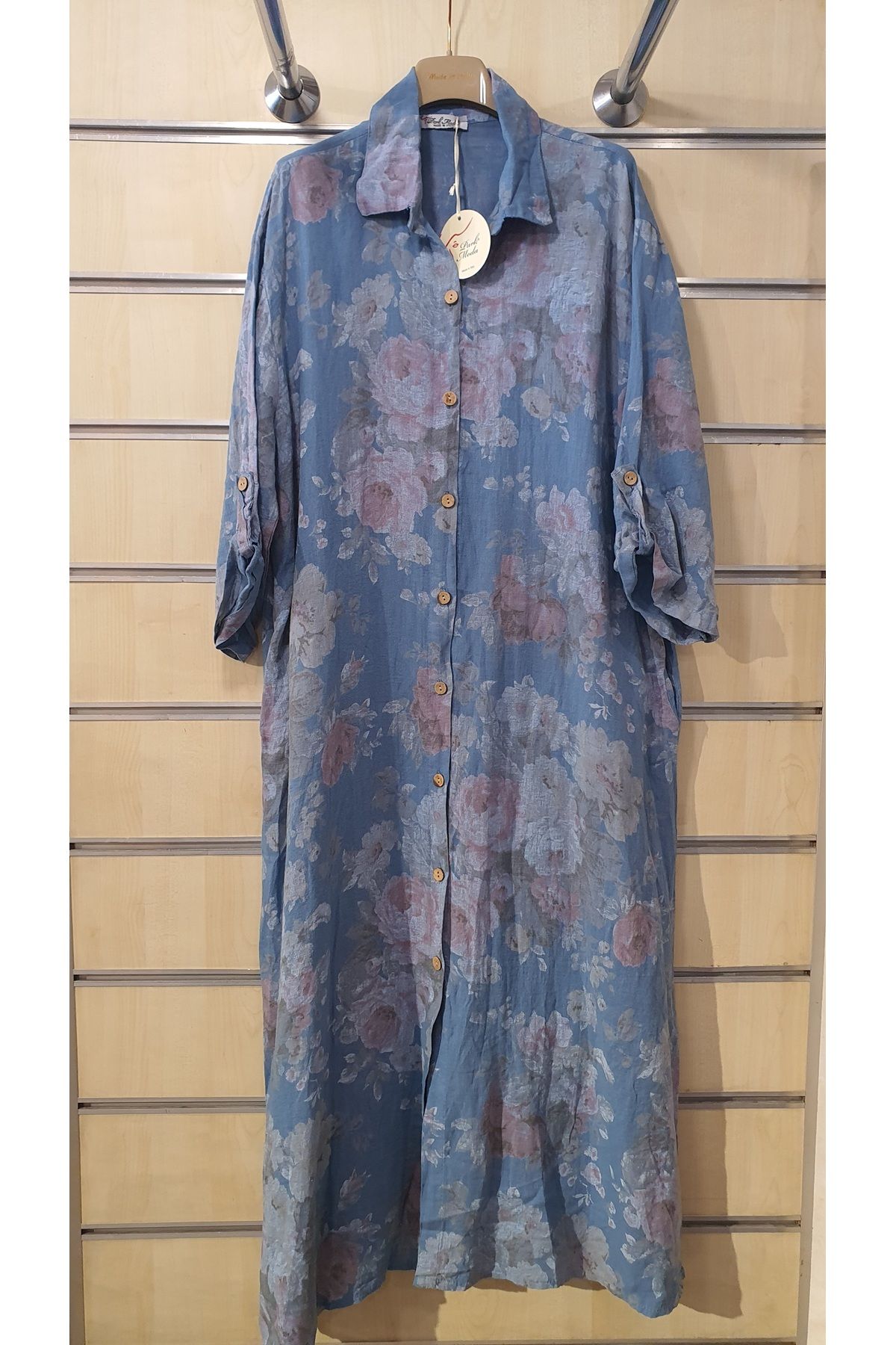 Park Moda GÜL DESEN UZUN KETEN GÖMLEK ELBİSE