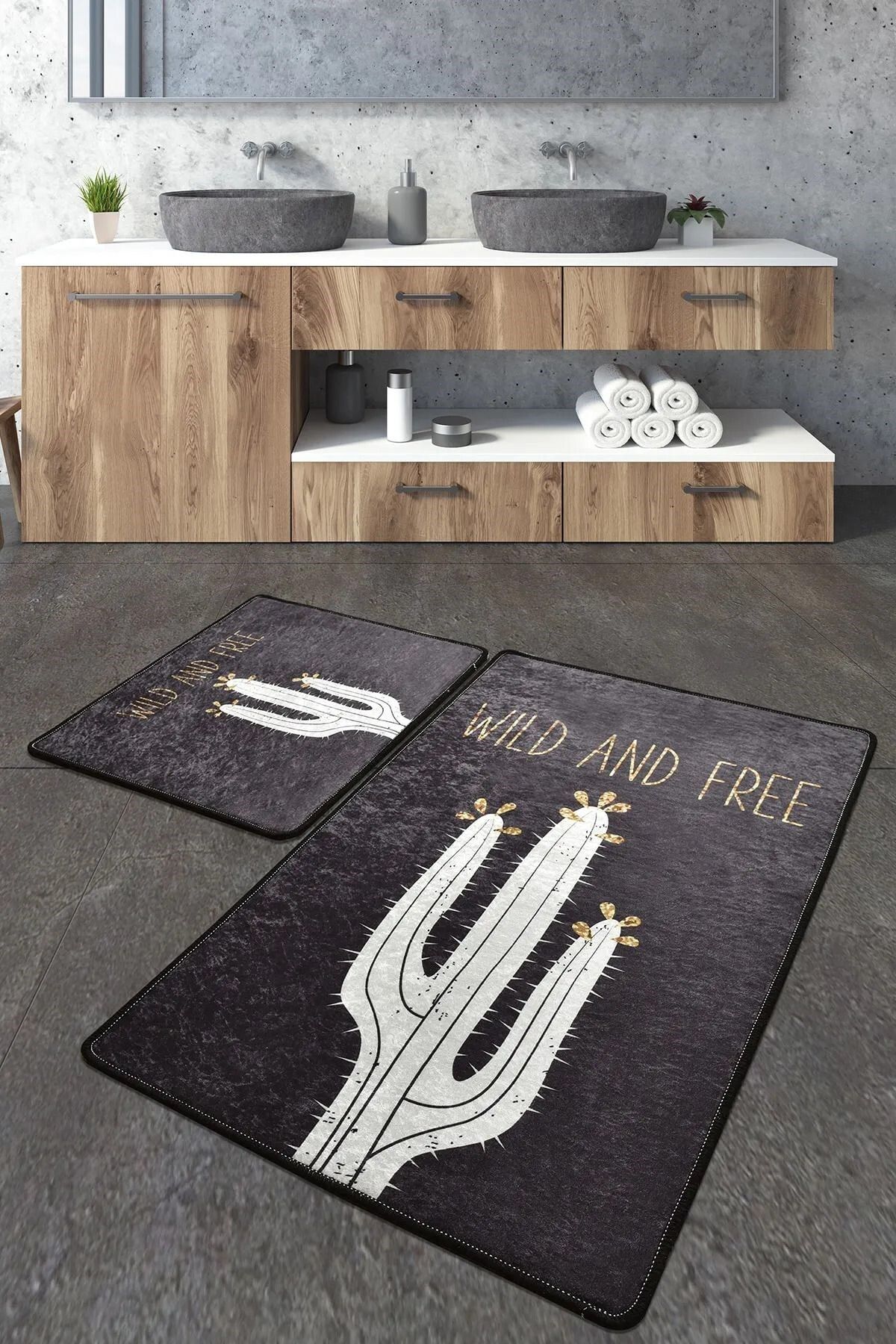 Casaculina Wild & Free Kaktüs Siyah 2'li Set Banyo Halısı Paspas - Klozet Takımı, Yıkanabilir, Kaymaz Taban