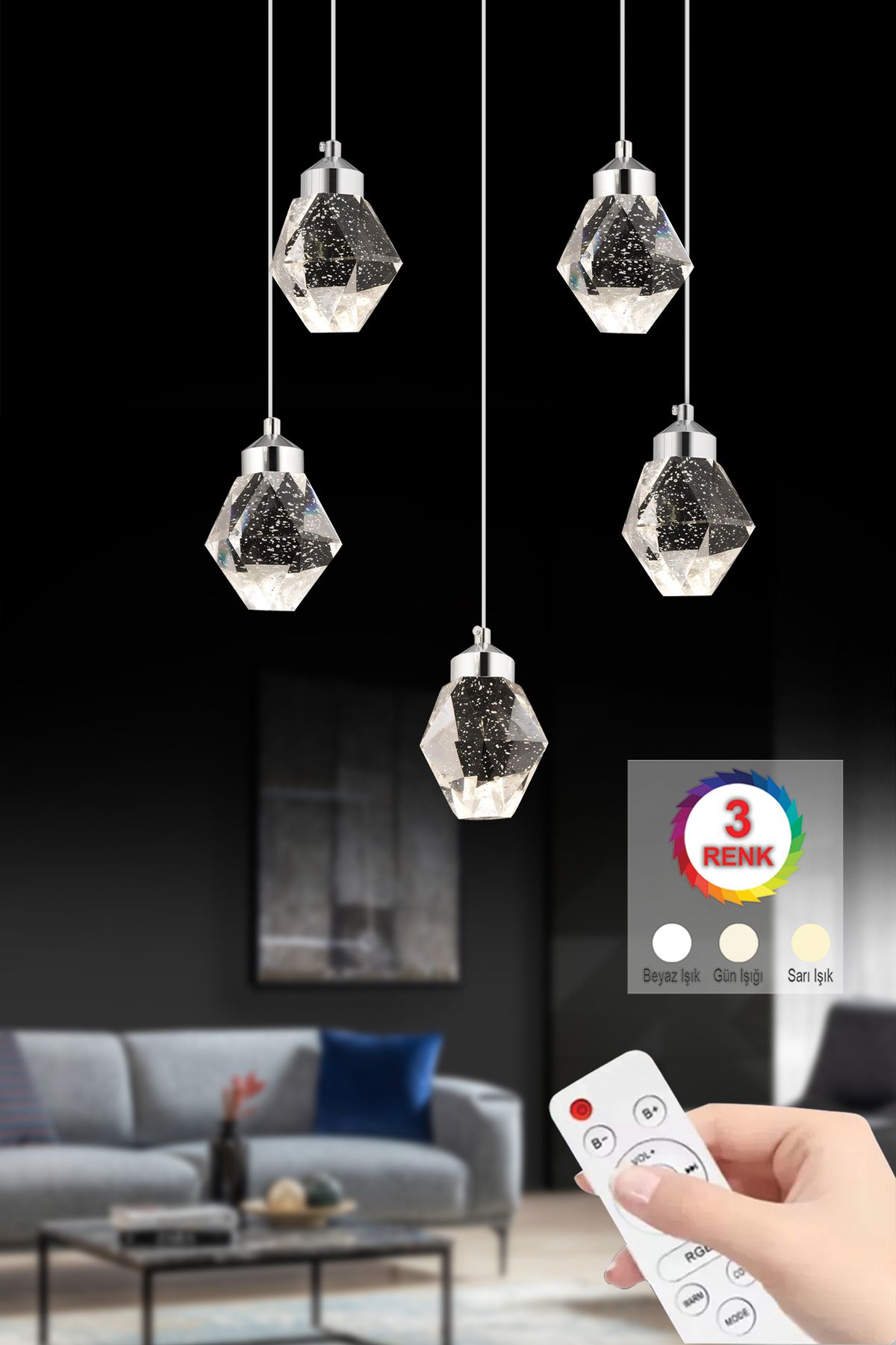 İstanbul Avize İstanbul Avize Kabarcıklı Liya 5'li Gümüş Kumandalı 3 Renk Ledli Modern Led Avize