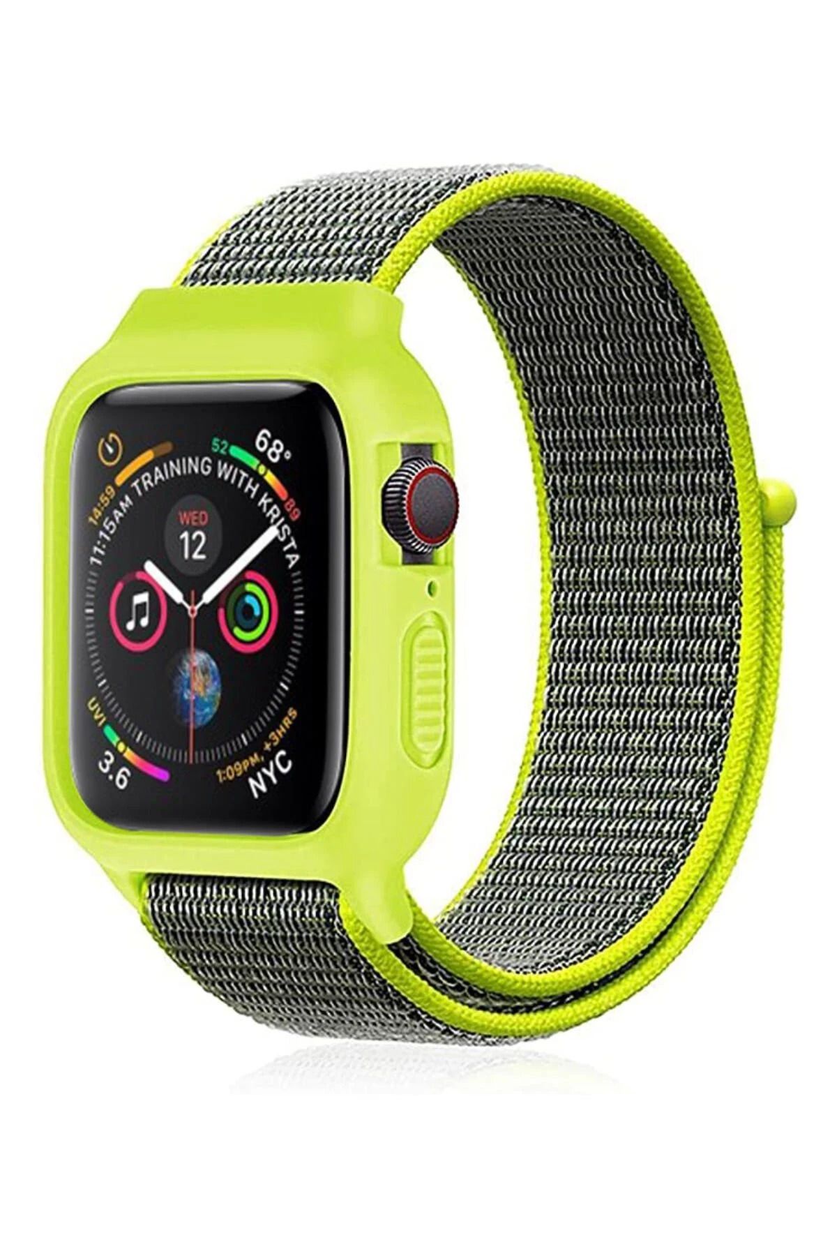 NewFace Apple Watch 42mm Hasırlı Cırtcırtlı Kasalı Kordon - Yeşil SVLRS