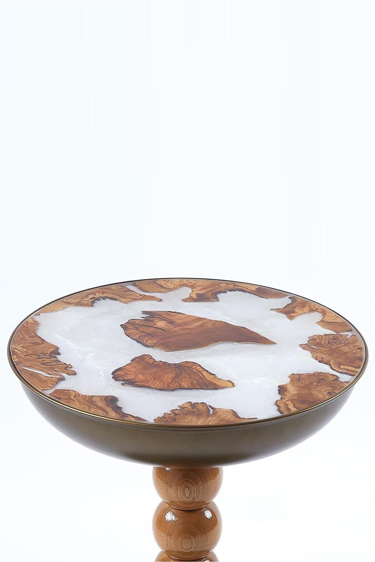 woodaria Epoksi Üst Tablalı Yan Sehpa, Zigon Sehpa, Bronz Metal Gövde & Ahşap Ayak – 60x40 cm