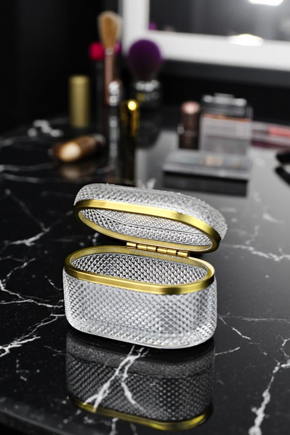 TrendDeco Gold Detaylı Cam Mücevher & Takı Kutusu 14x9x8 cm
