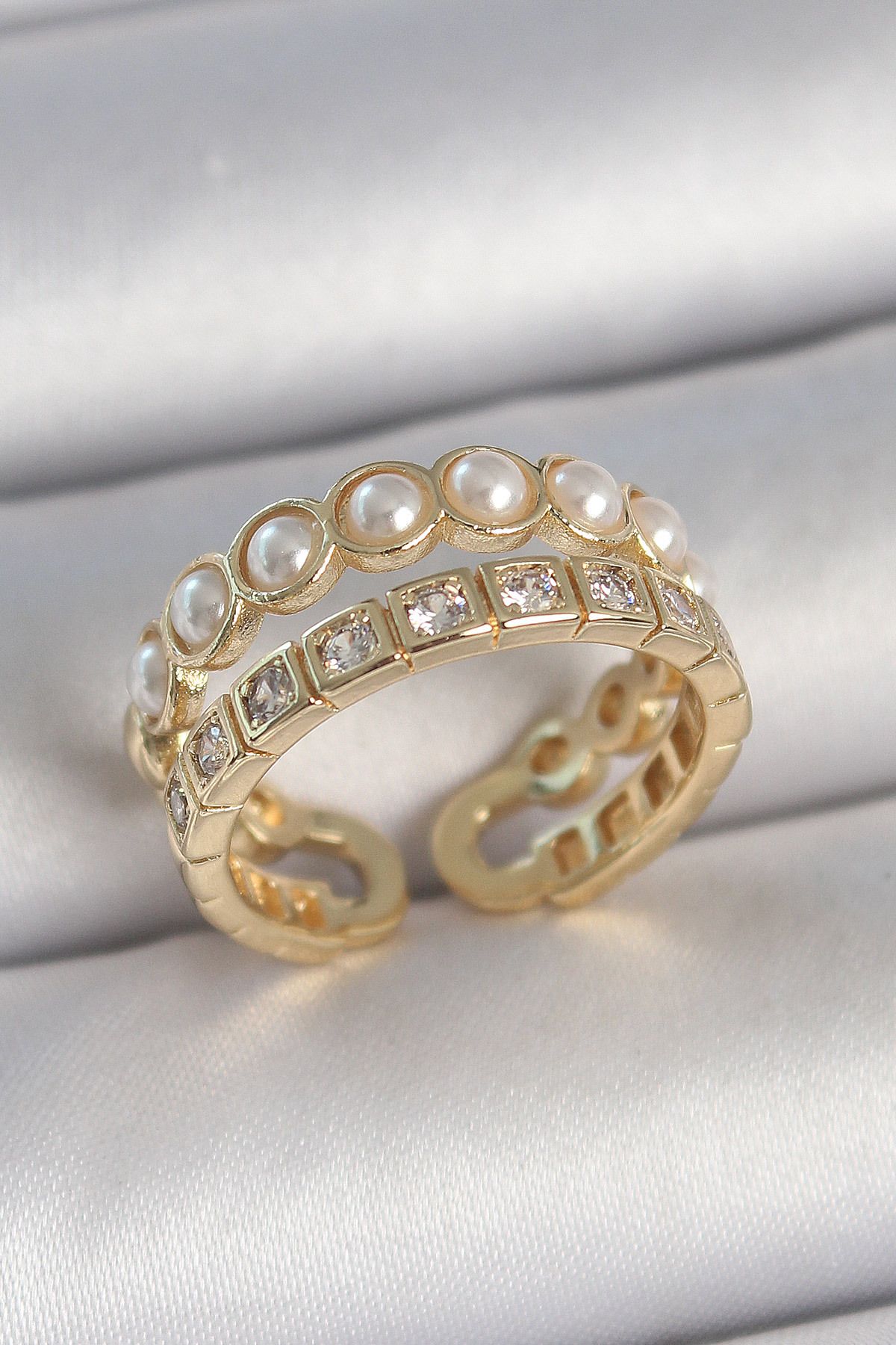 STİLLOVE Pirinç Gold Renk 2'Li Zirkon Taşlı Ve İncili Ayarlanabilir Kadın Yüzük SL11498
