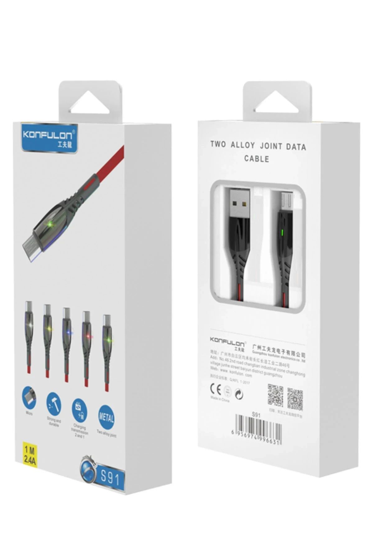Konfulon S91 Ledli Micro USB Kablo 1M 2.4A - Kırmızı GLSTD