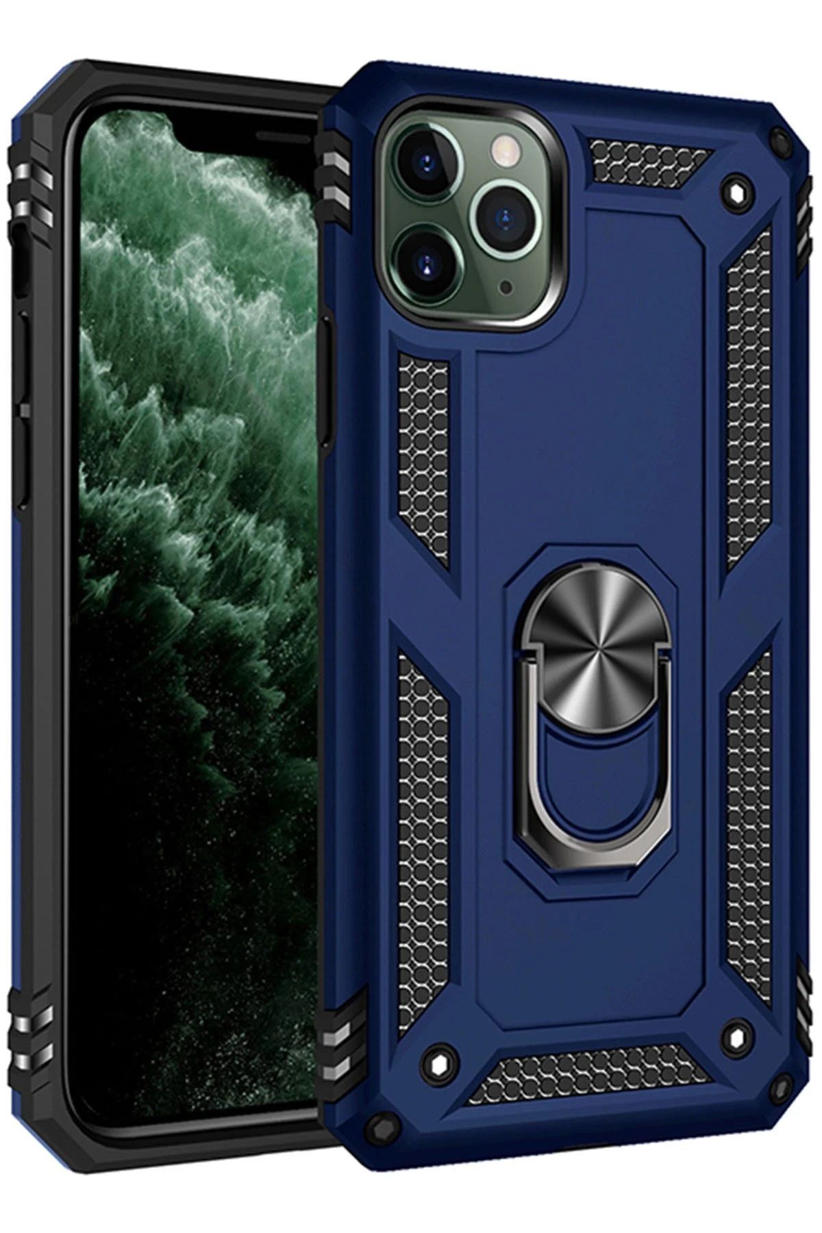 NewFace iPhone 11 Pro Max Kılıf Sofya Yüzüklü Silikon Kapak - Lacivert GLSTD
