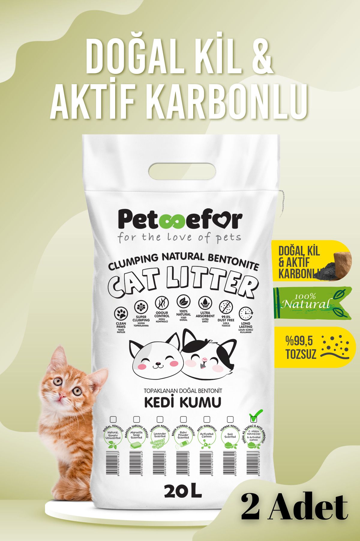 Petefor 20 Lt Aktif Karbonlu Yeni Nesil Organik Kedi Kumu X2 Adet