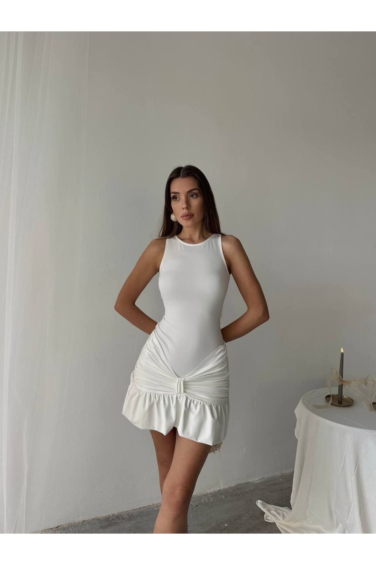 NovaRopa Kadın Beyaz Drape Detaylı Dalgıç Kumaş Mini Elbise-DSC026