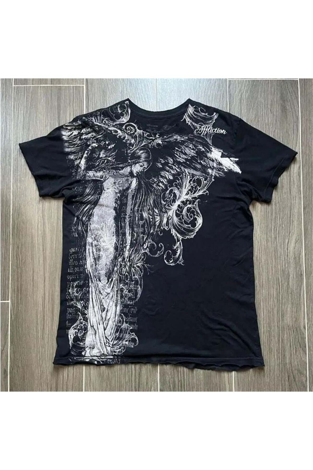 BALİNA Siyah Vintage Angel Affaction Cyber Grunge Unisex T-shirt -ALH