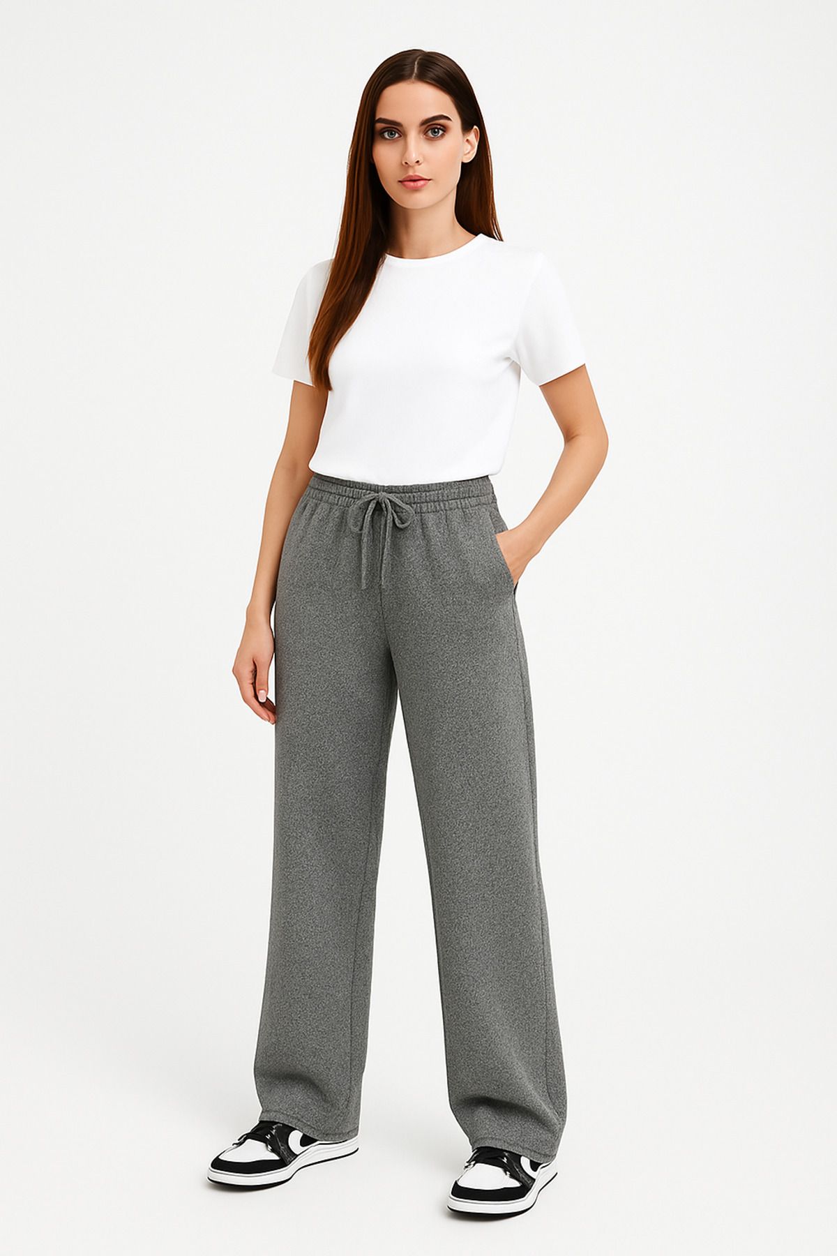 OXVİN Kadın BAGGY Geniş Kesim, Fermuarlı Arka Cepli, Oversize Bol Paça Pantolon (Pike Kumaş)