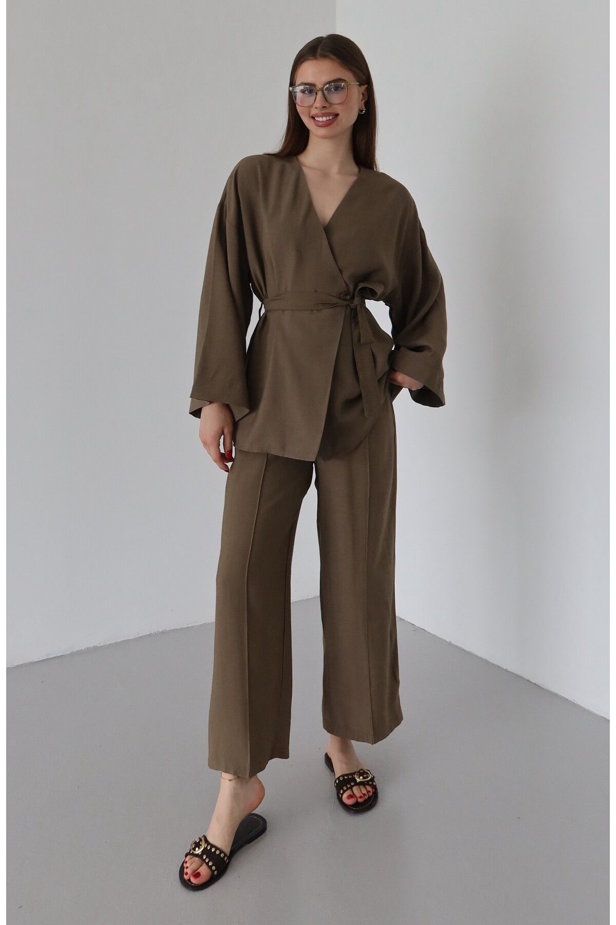 Laluvia Kahverengi Bağlamalı Kimono Takım - 8685