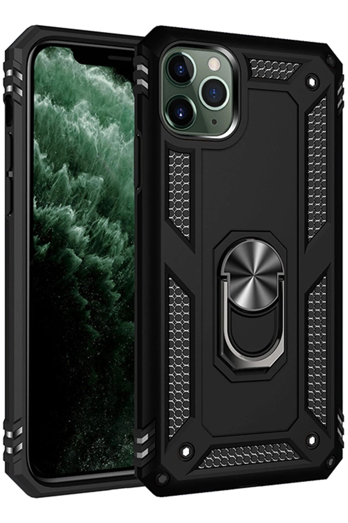 NewFace iPhone 11 Pro Max Kılıf Sofya Yüzüklü Silikon Kapak - Siyah WLZOR