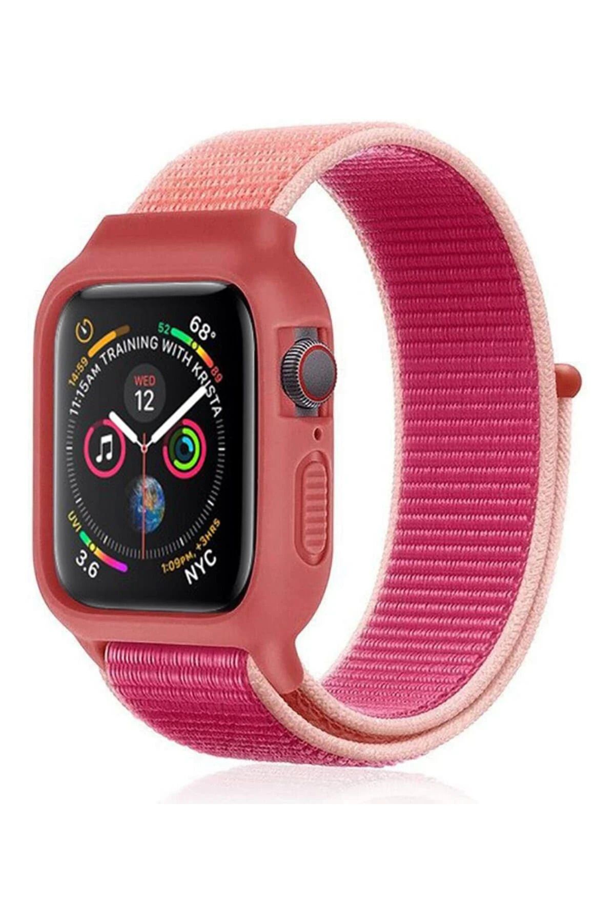NewFace Apple Watch 42mm Hasırlı Cırtcırtlı Kasalı Kordon - Pudra SVLRS