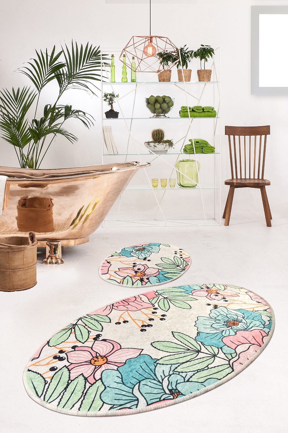 Casaculina Çiçekli Bahar 2'li Set Banyo Halısı Paspas Klozet Takımı, Yıkanabilir, Kaymaz Taban 60x100/60x50