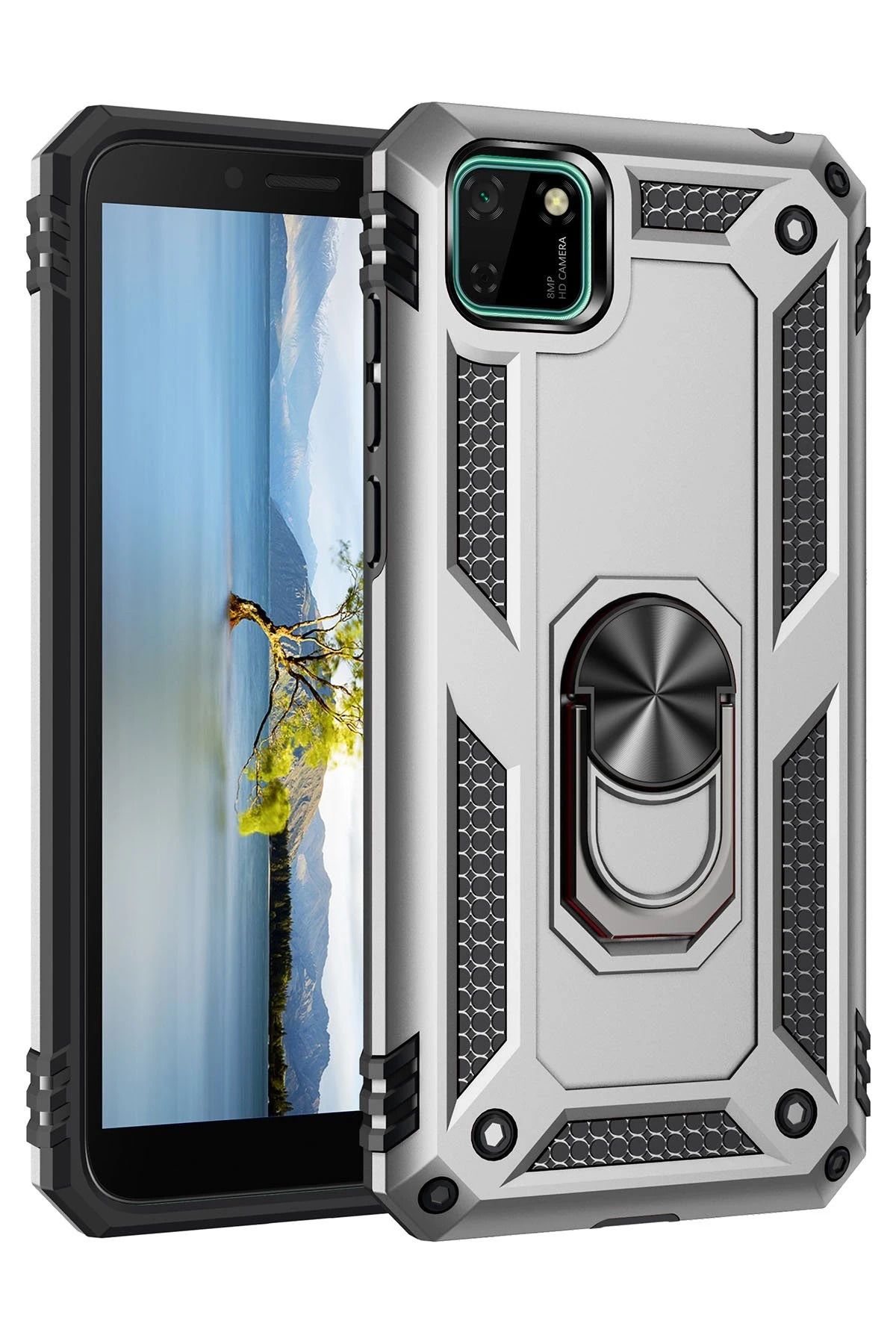 NewFace Huawei Y5P Kılıf Sofya Yüzüklü Silikon Kapak - Gümüş GLSTD